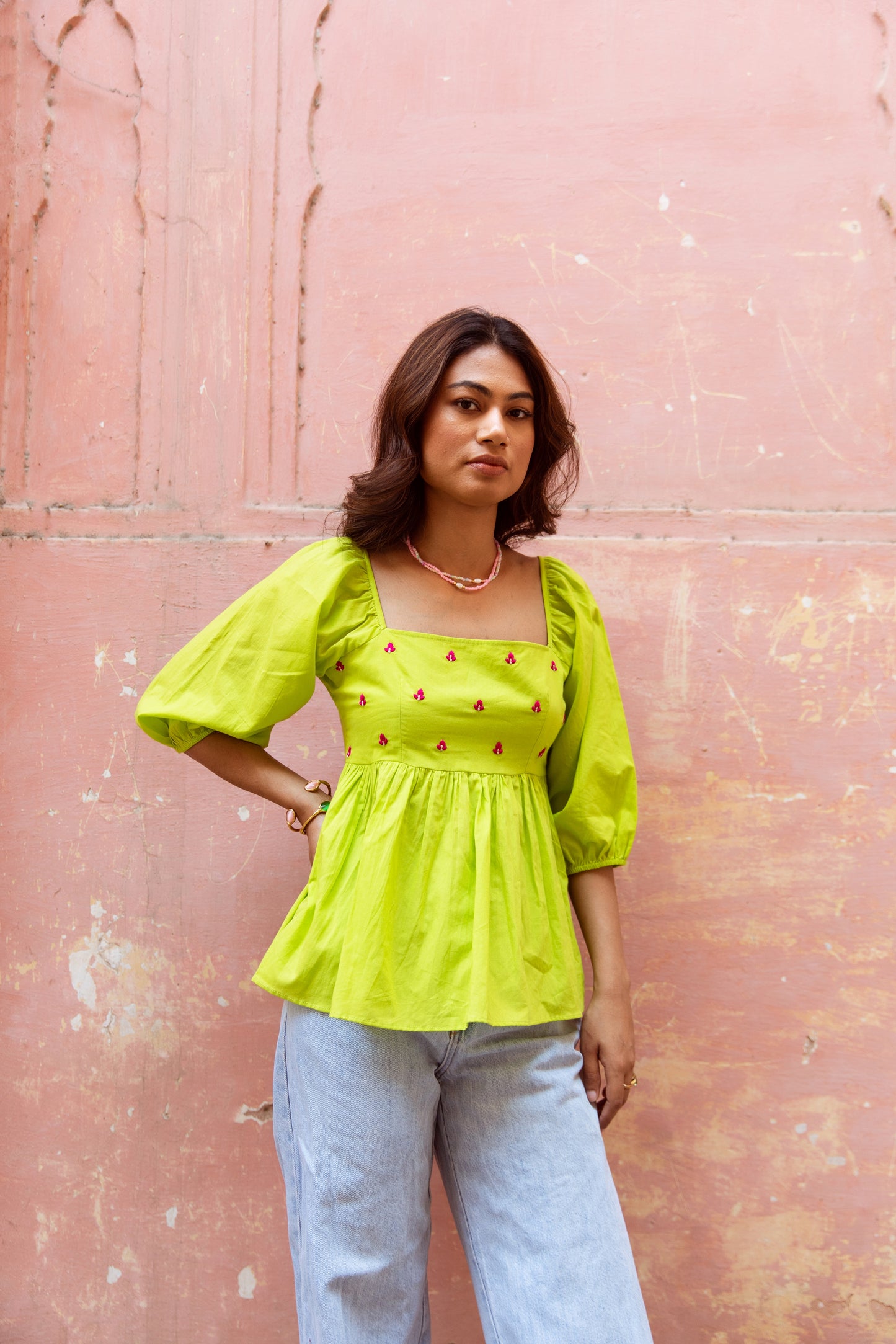 Green Solid Sleeved Top