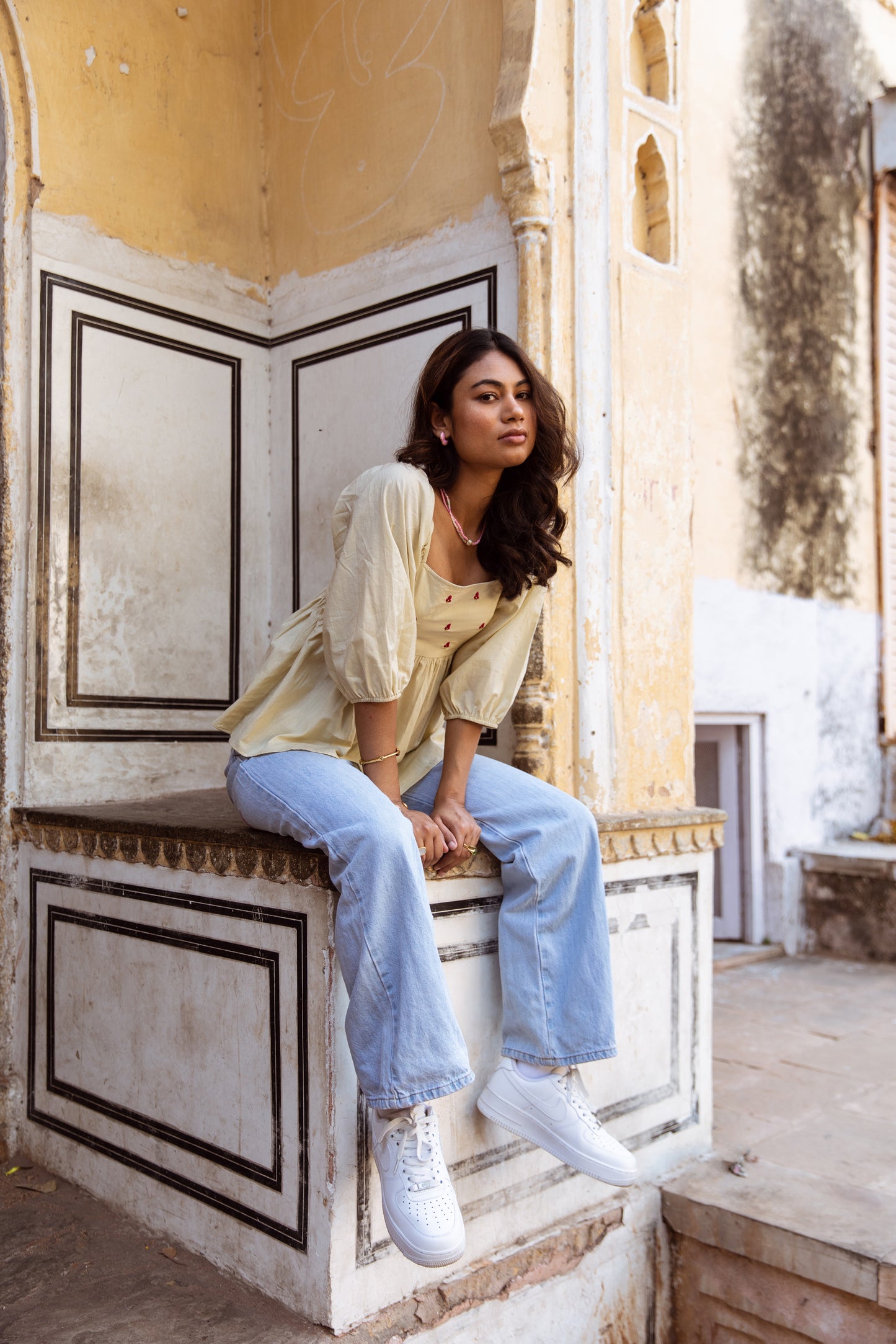 Cream Solid Sleeved Top