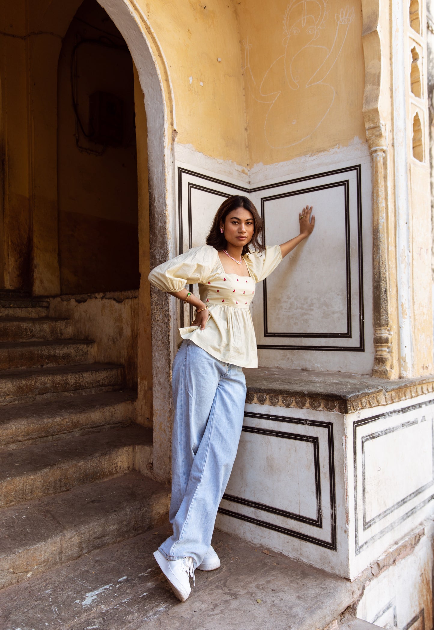 Cream Solid Sleeved Top