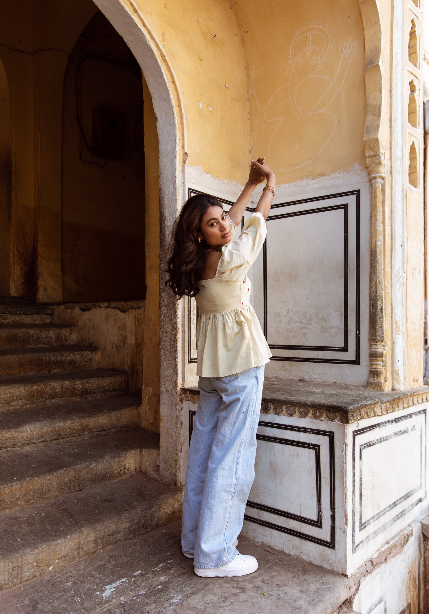 Cream Solid Sleeved Top