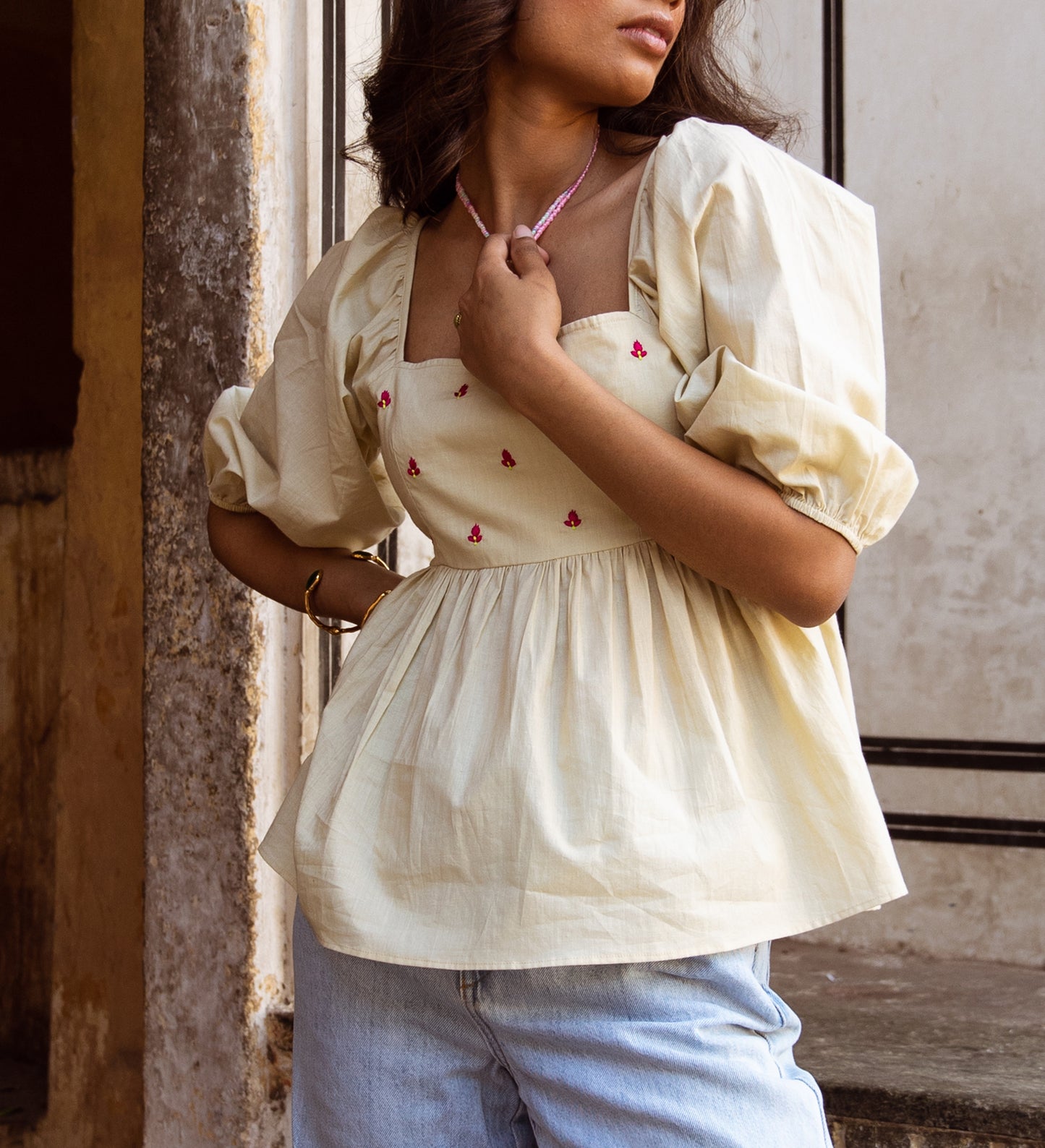 Cream Solid Sleeved Top