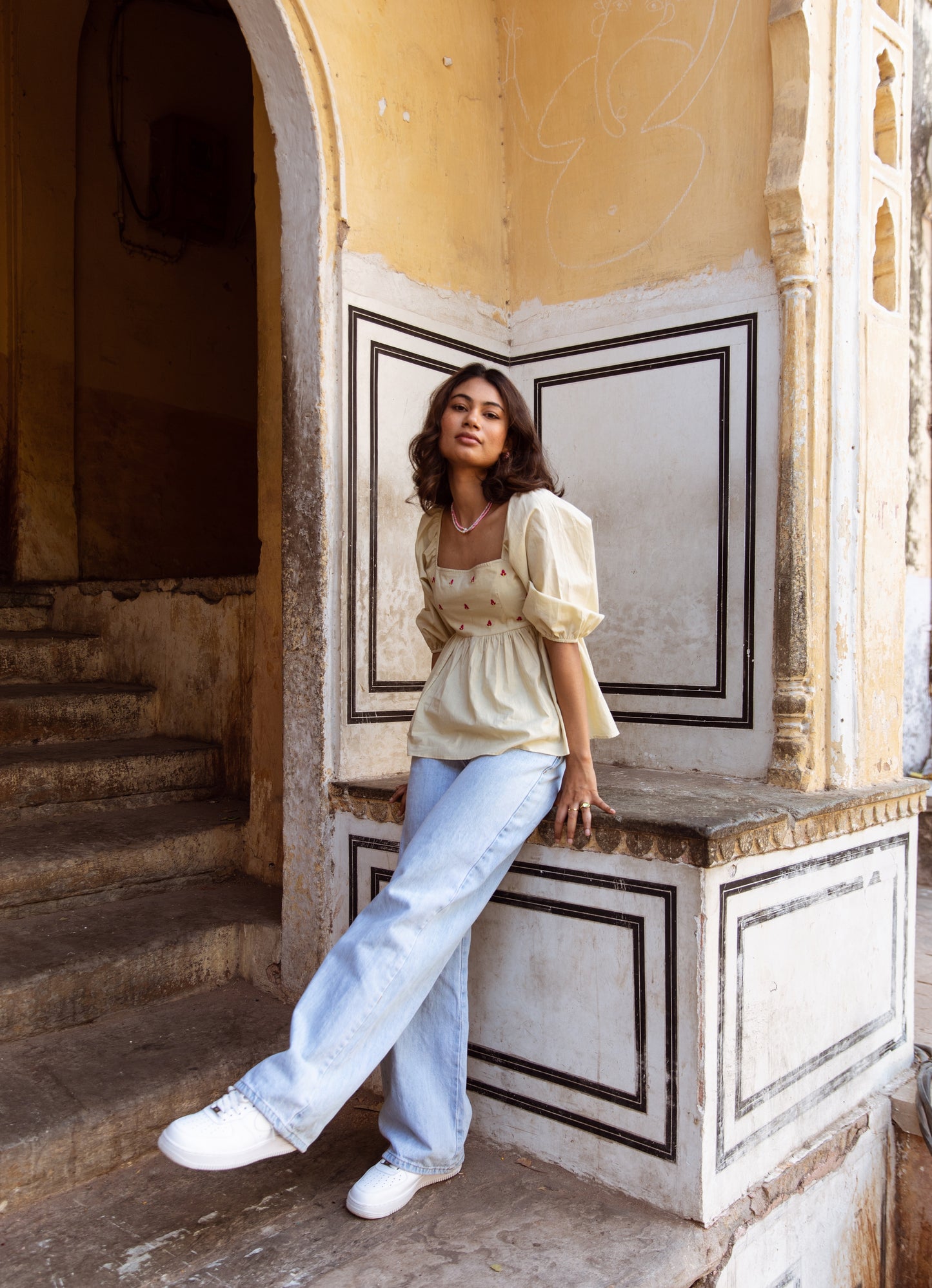 Cream Solid Sleeved Top