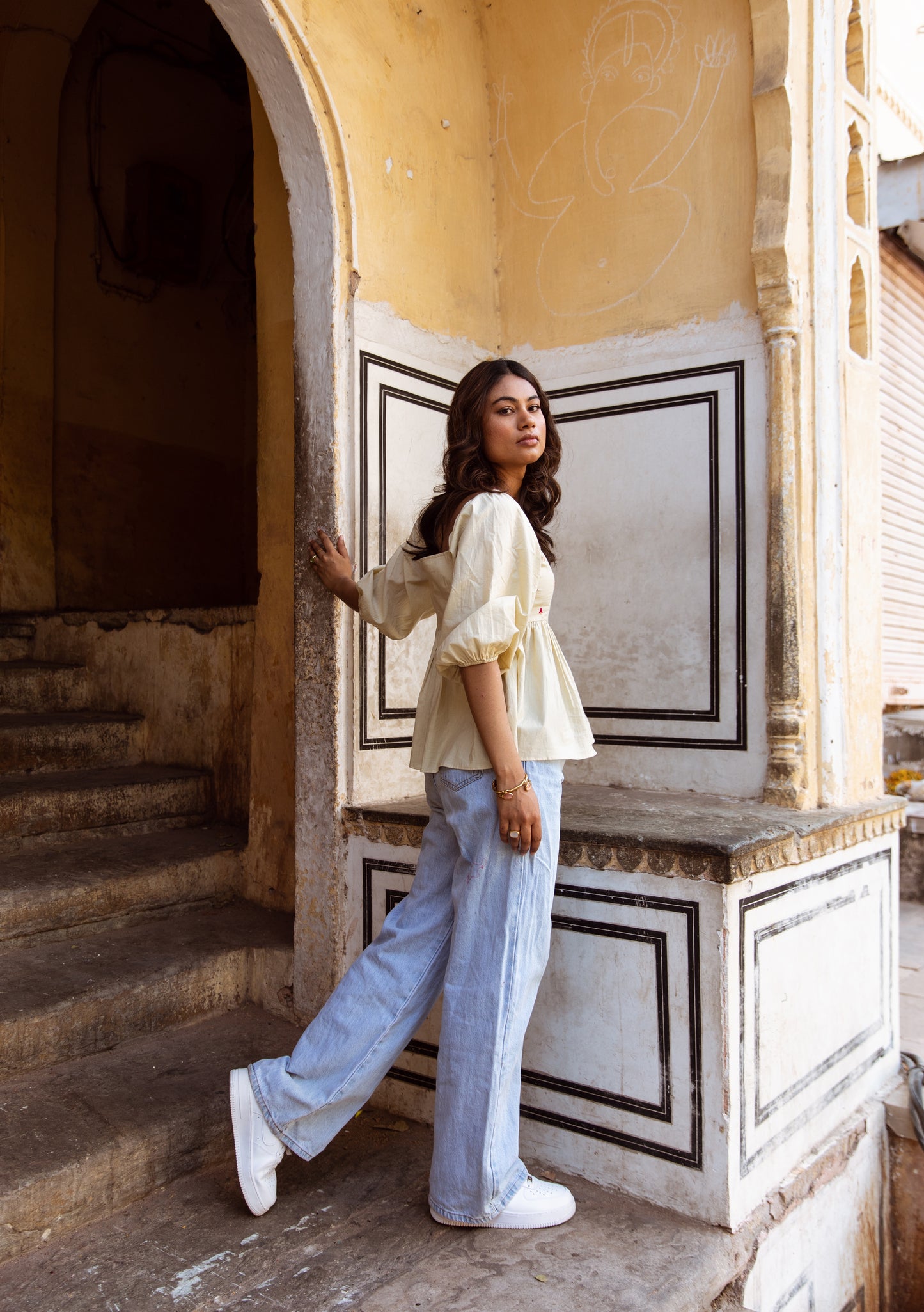 Cream Solid Sleeved Top