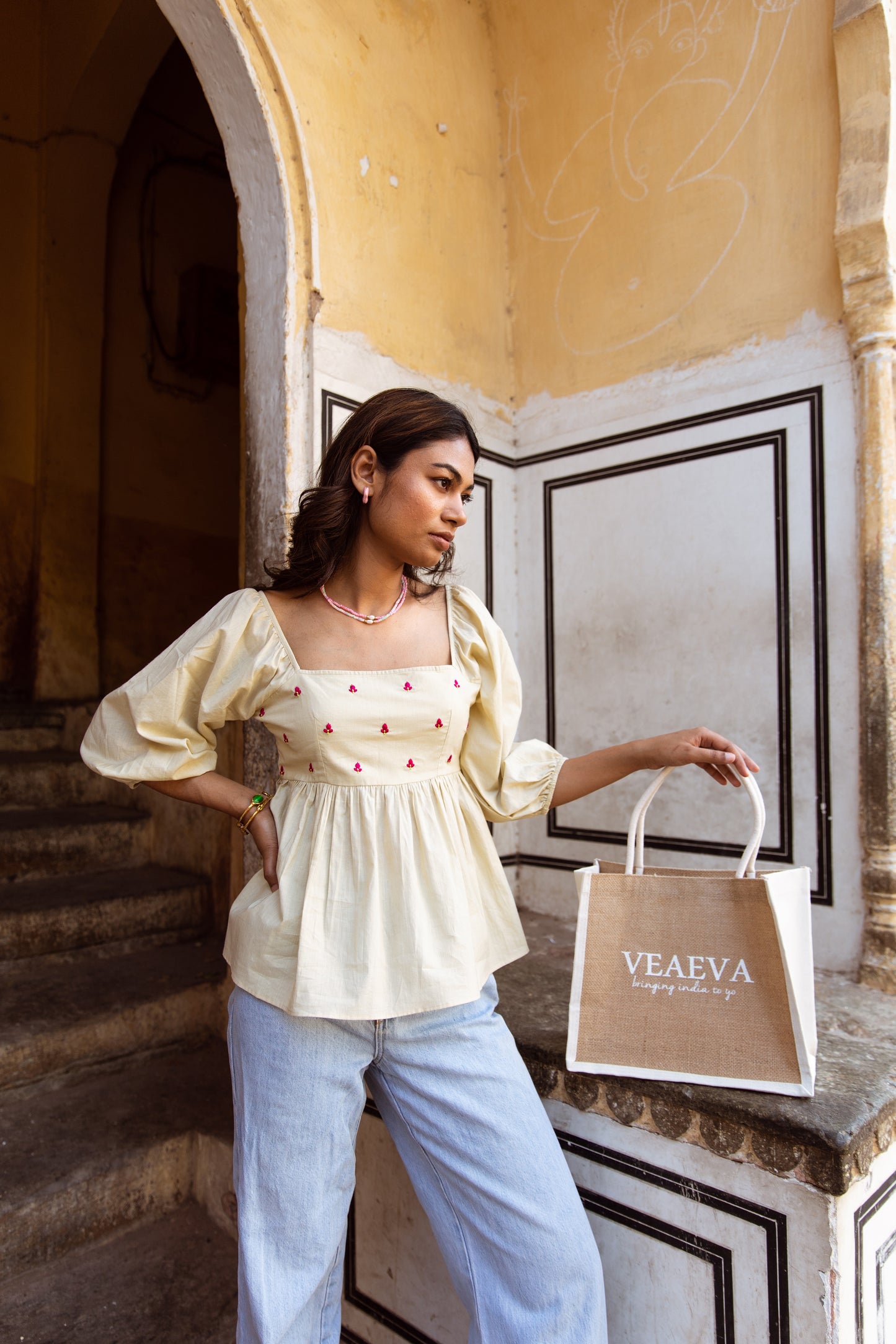 Cream Solid Sleeved Top