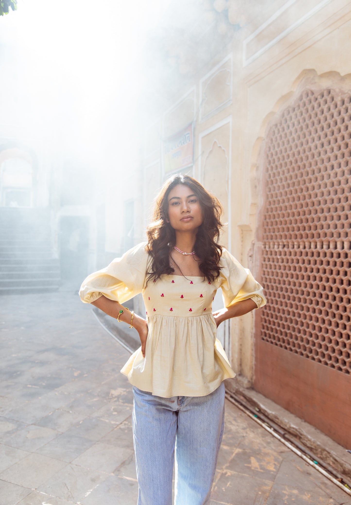 Cream Solid Sleeved Top