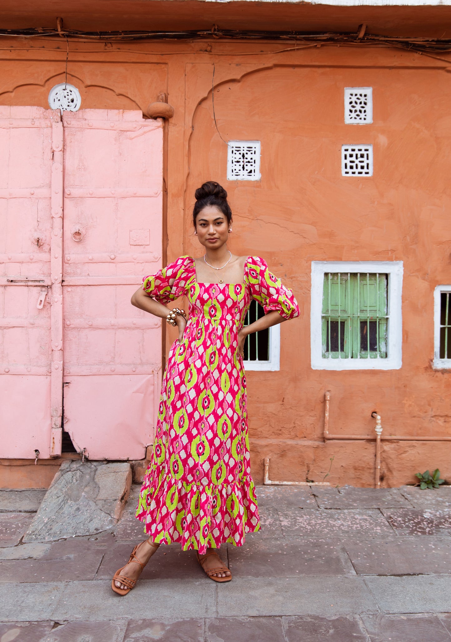 Pink Printed Sleeved Dress