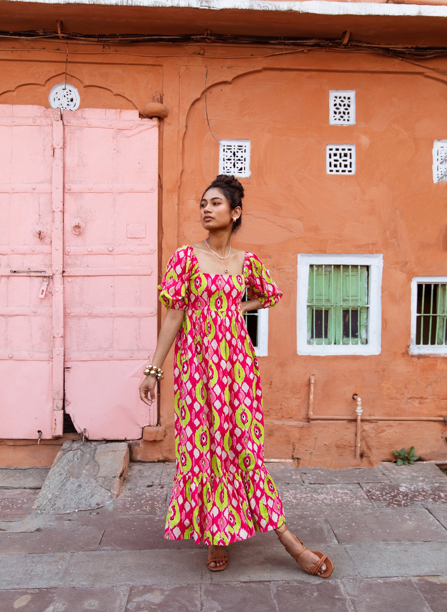 Pink Printed Sleeved Dress