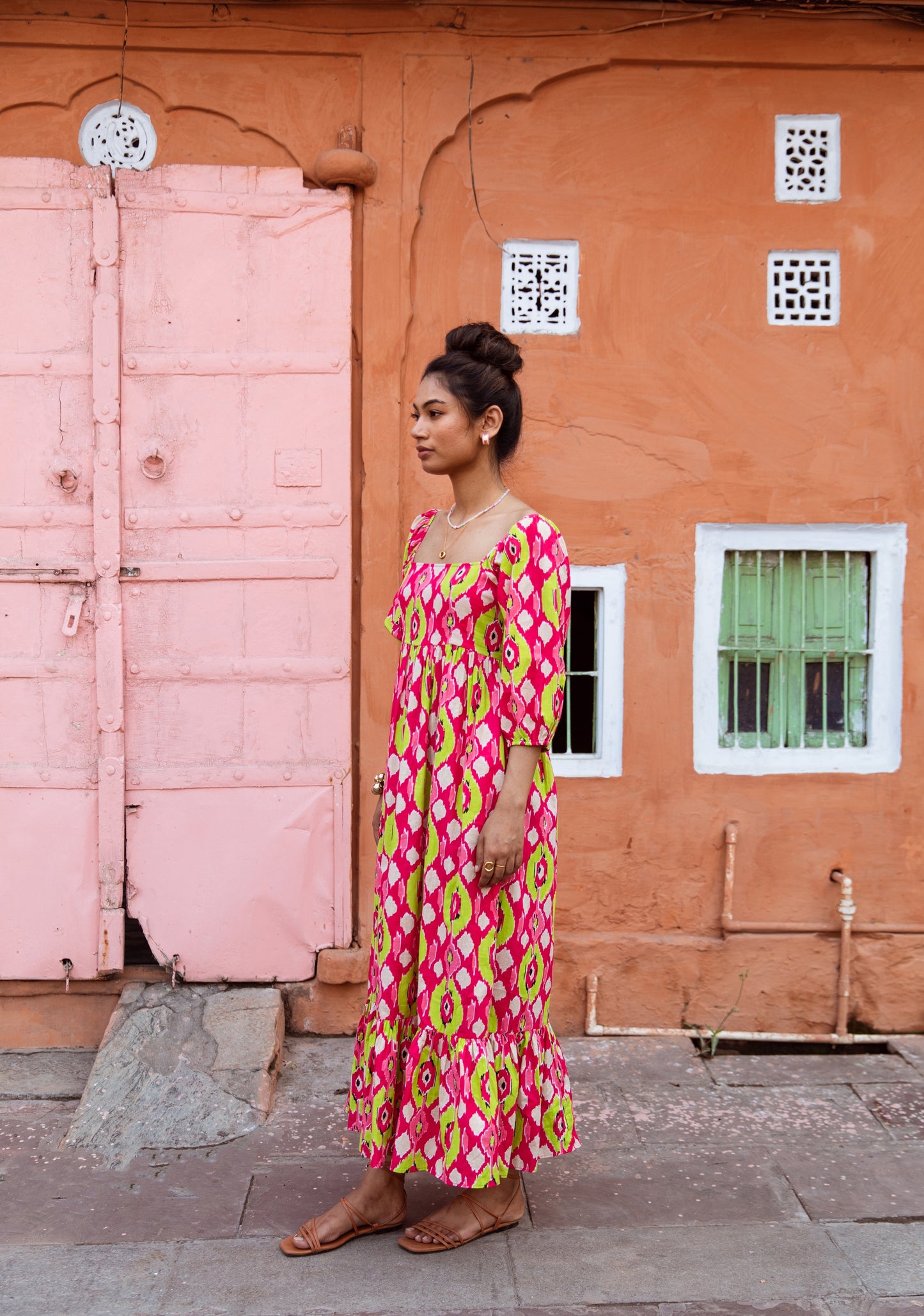 Pink Printed Sleeved Dress
