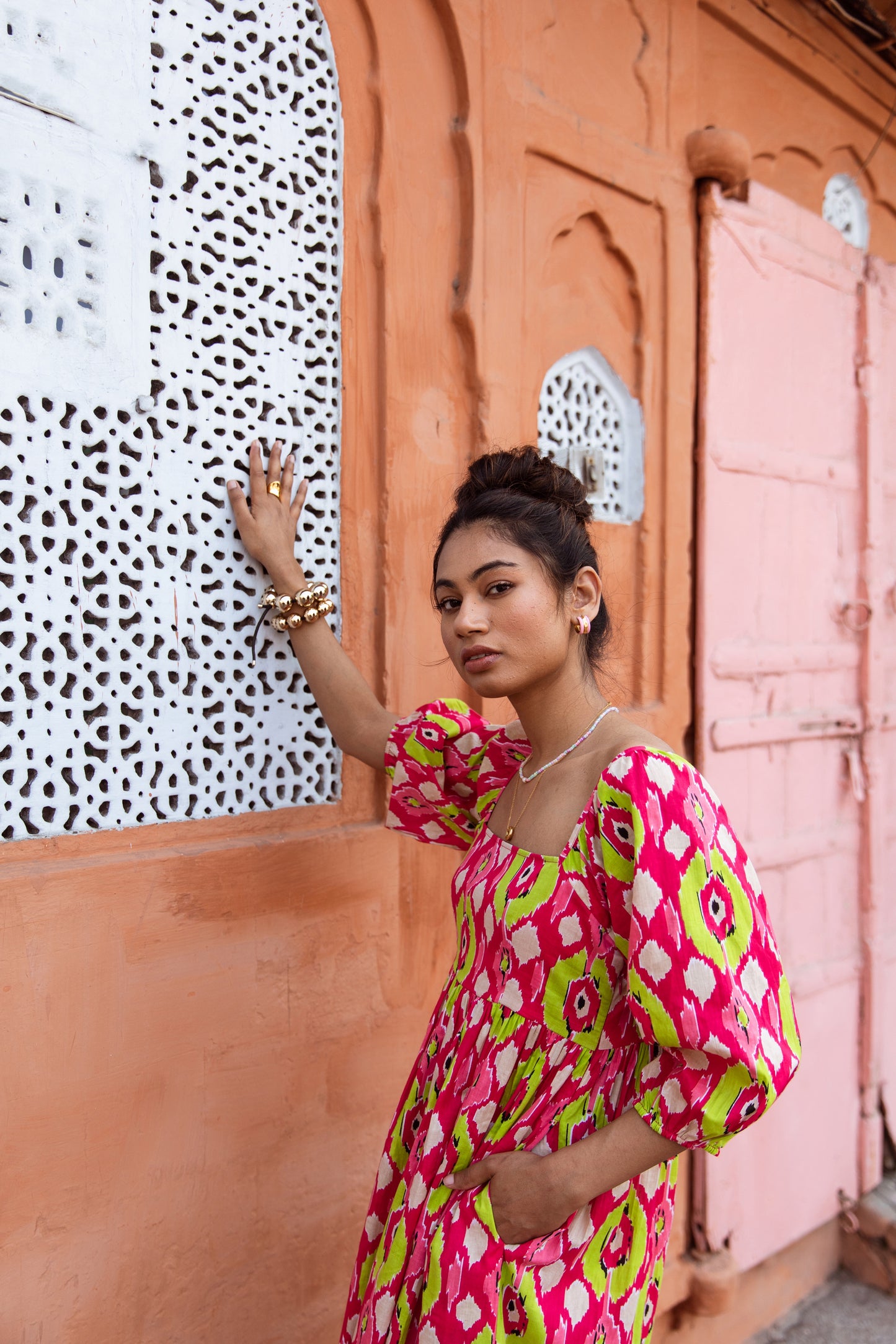 Pink Printed Sleeved Dress