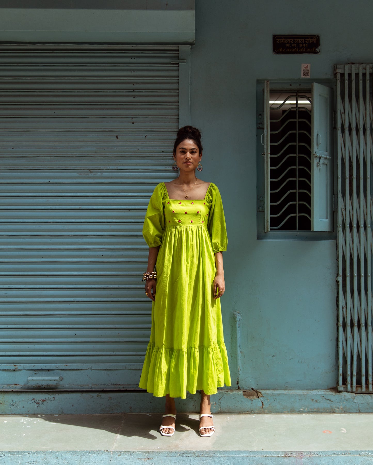 Green Solid Sleeved Dress