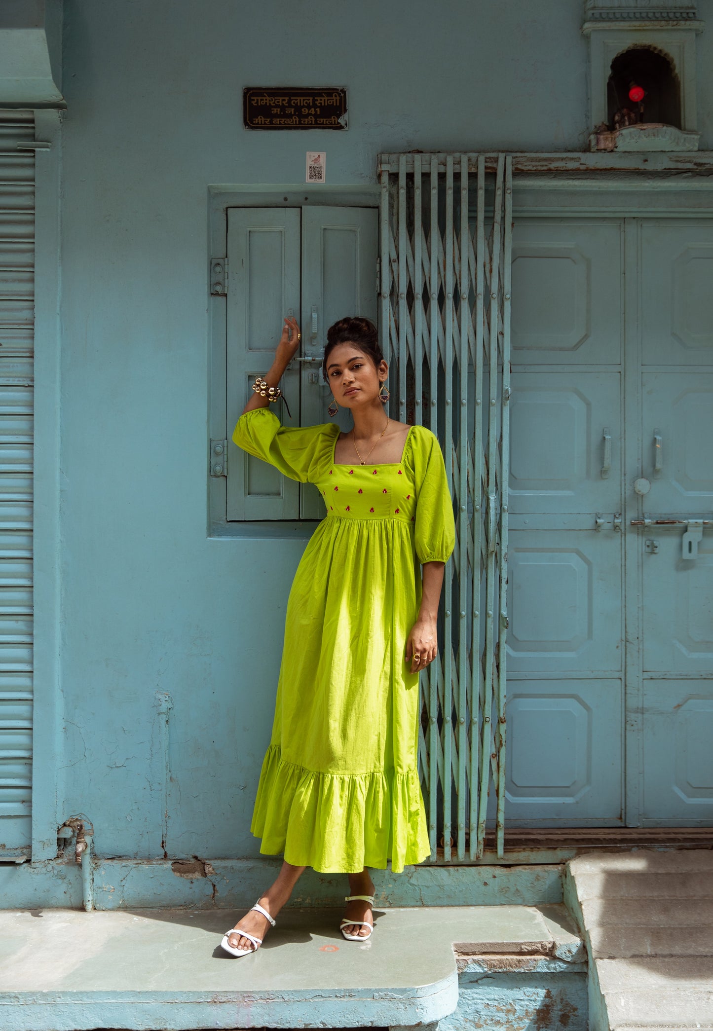 Green Solid Sleeved Dress