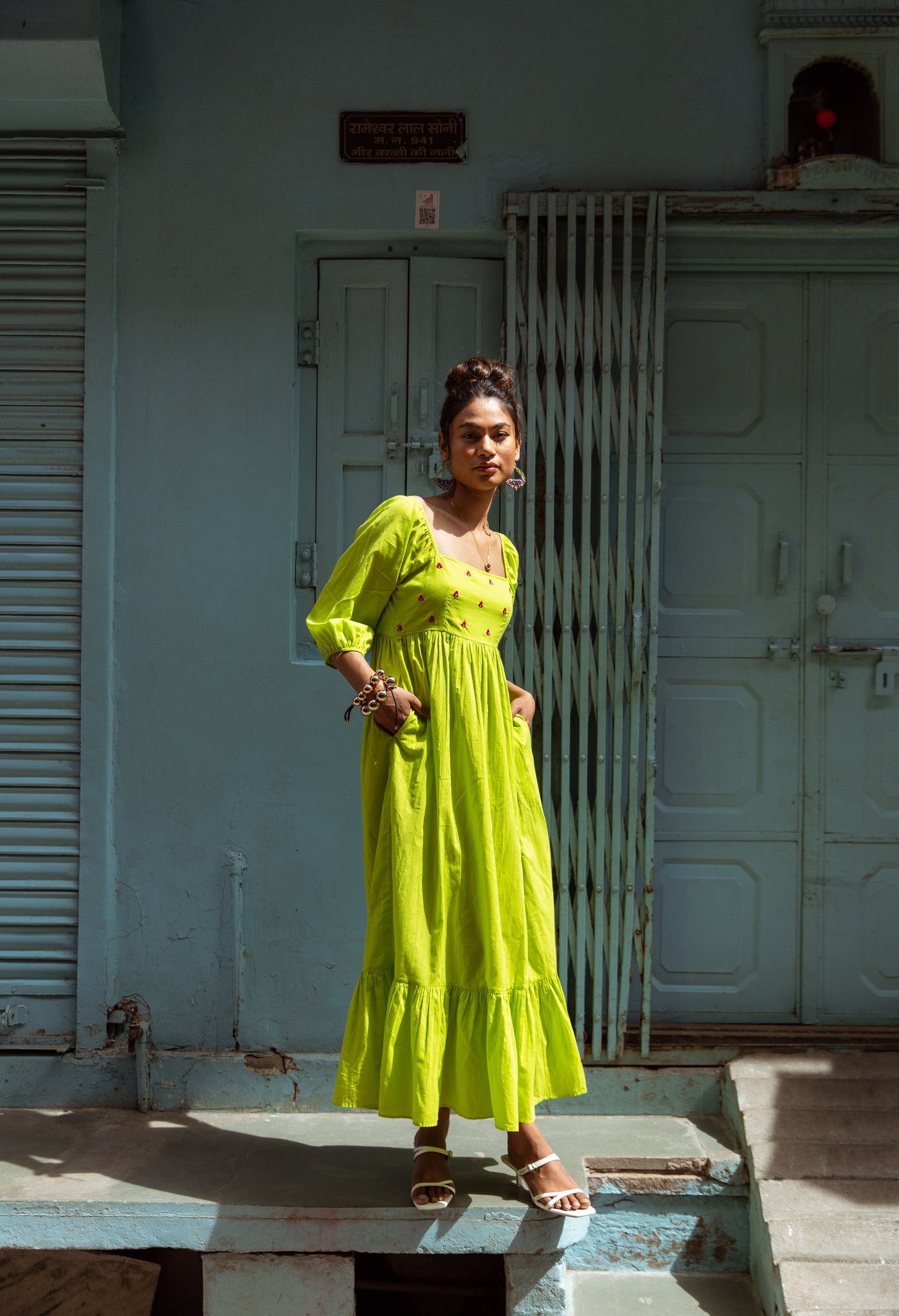 Green Solid Sleeved Dress
