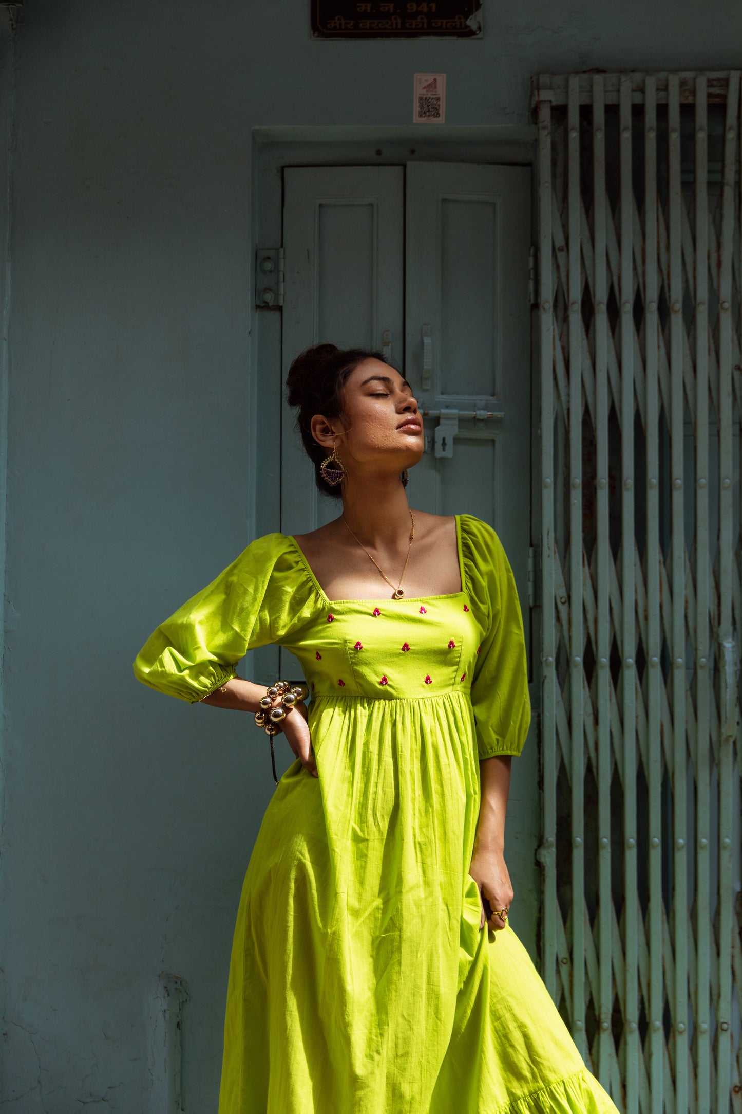 Green Solid Sleeved Dress
