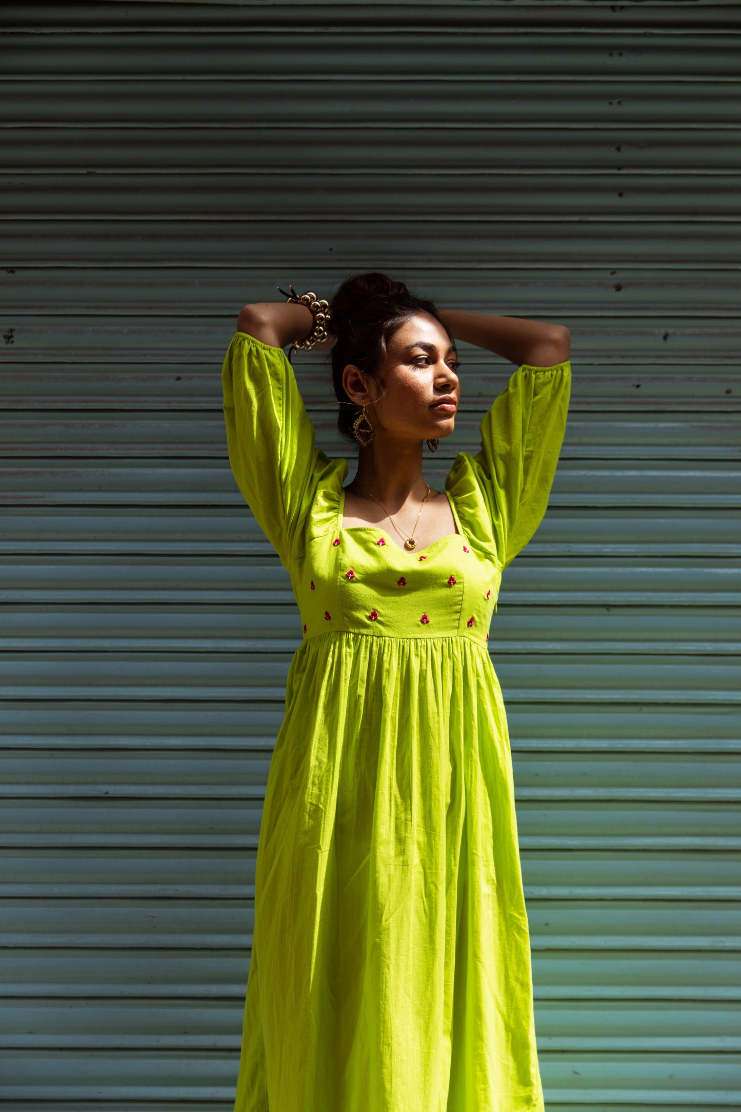 Green Solid Sleeved Dress