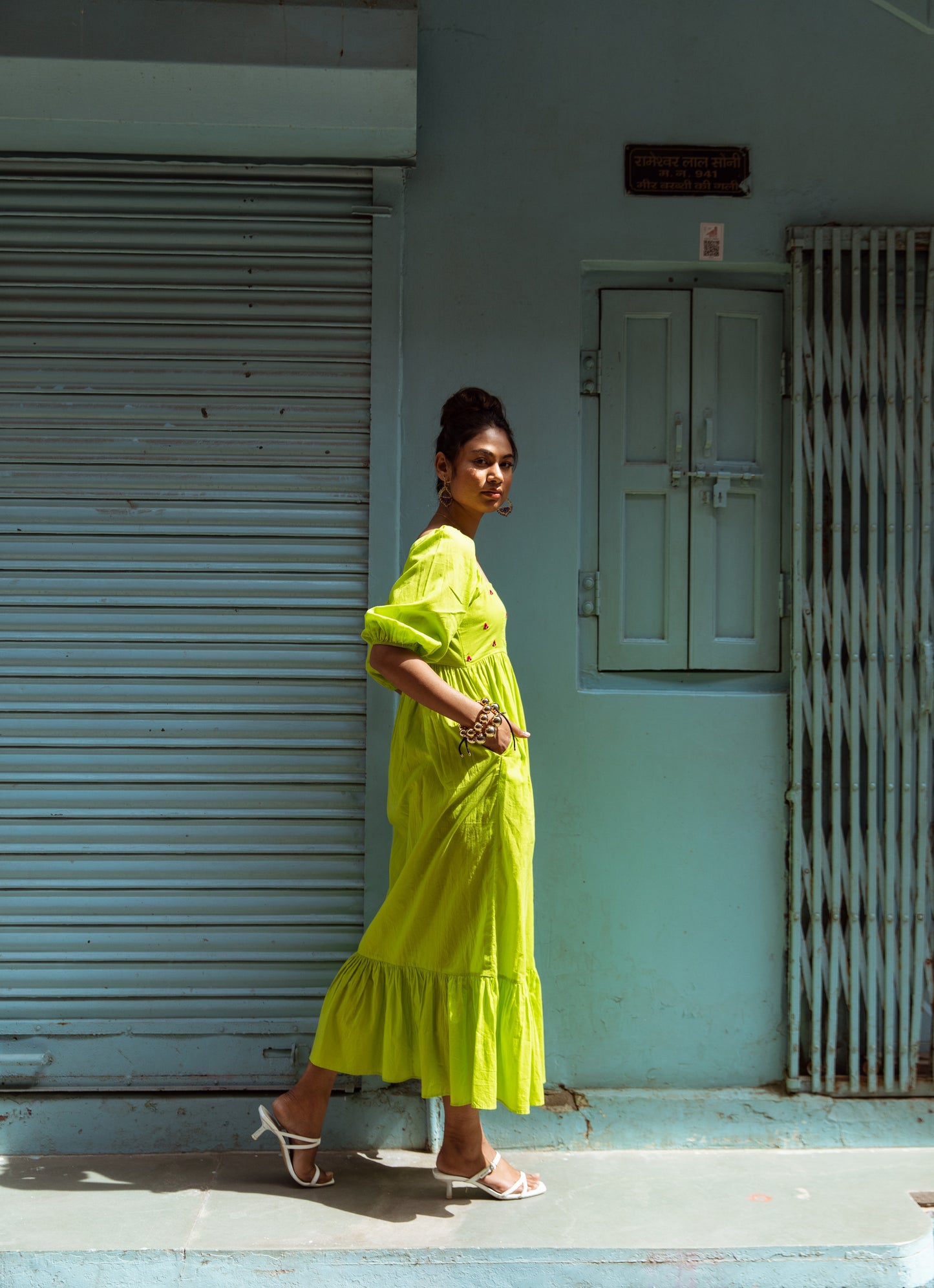 Green Solid Sleeved Dress