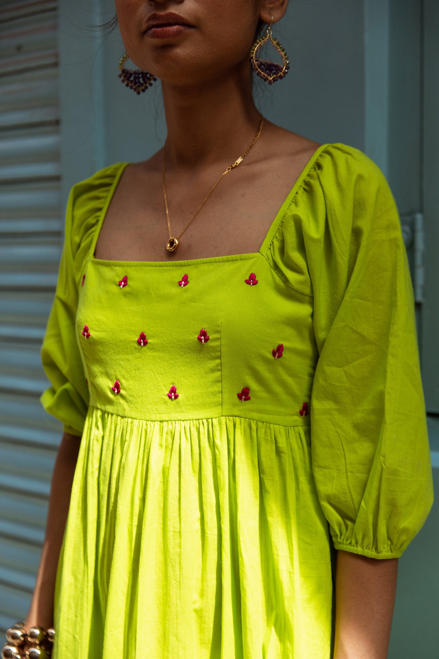 Green Solid Sleeved Dress