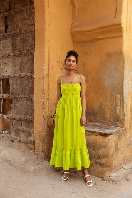 Green Solid Thin Strap Dress