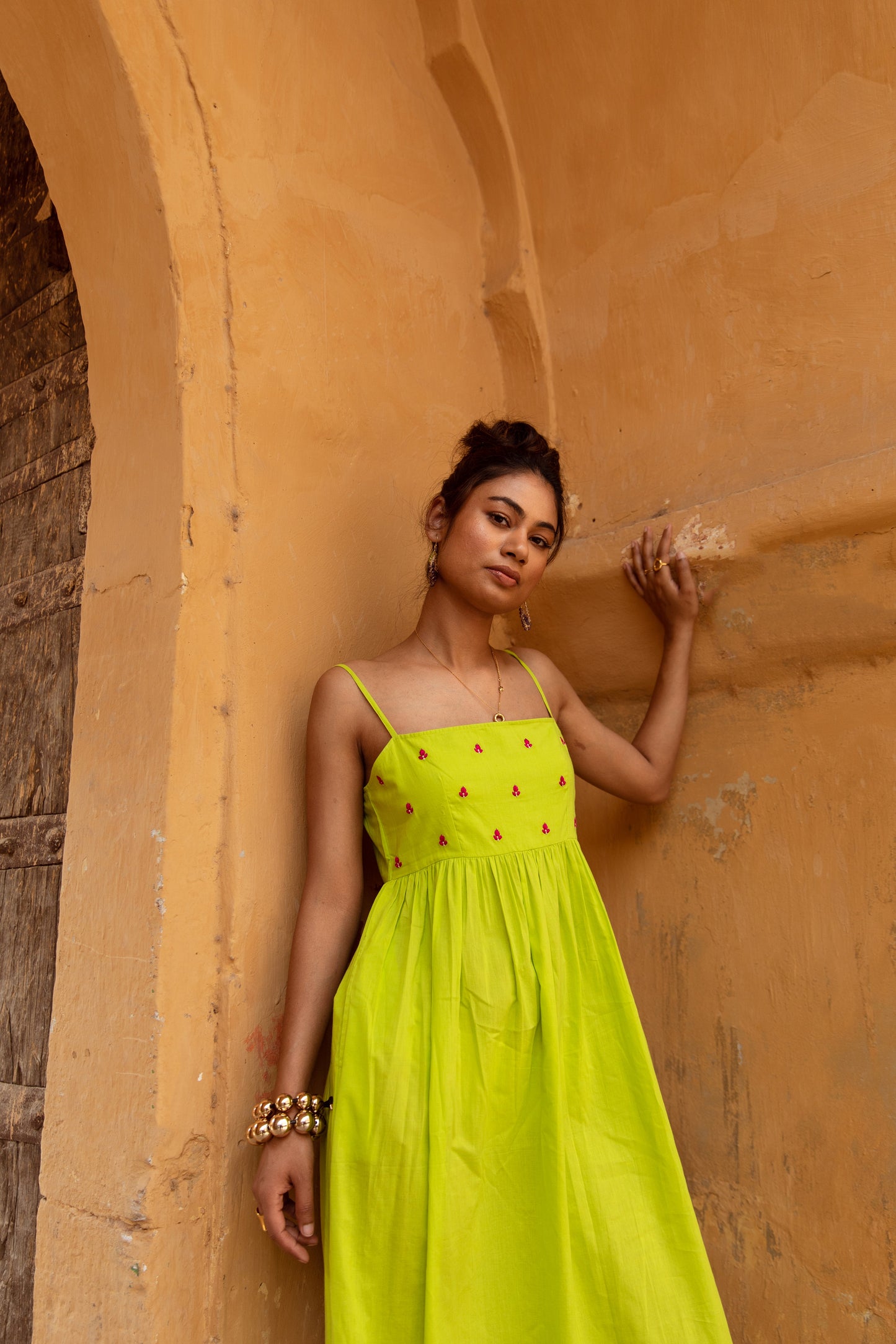 Green Solid Thin Strap Dress