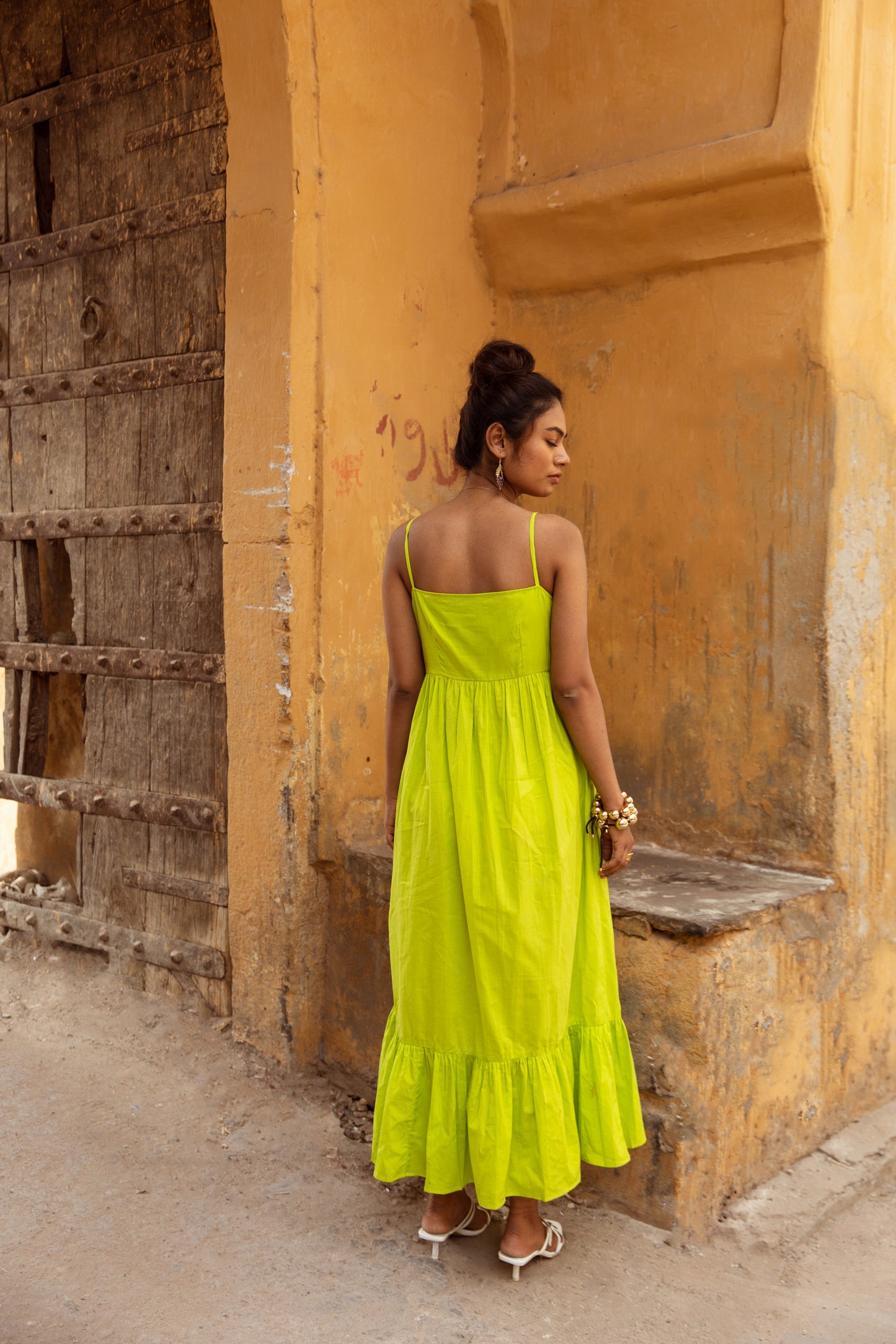 Green Solid Thin Strap Dress