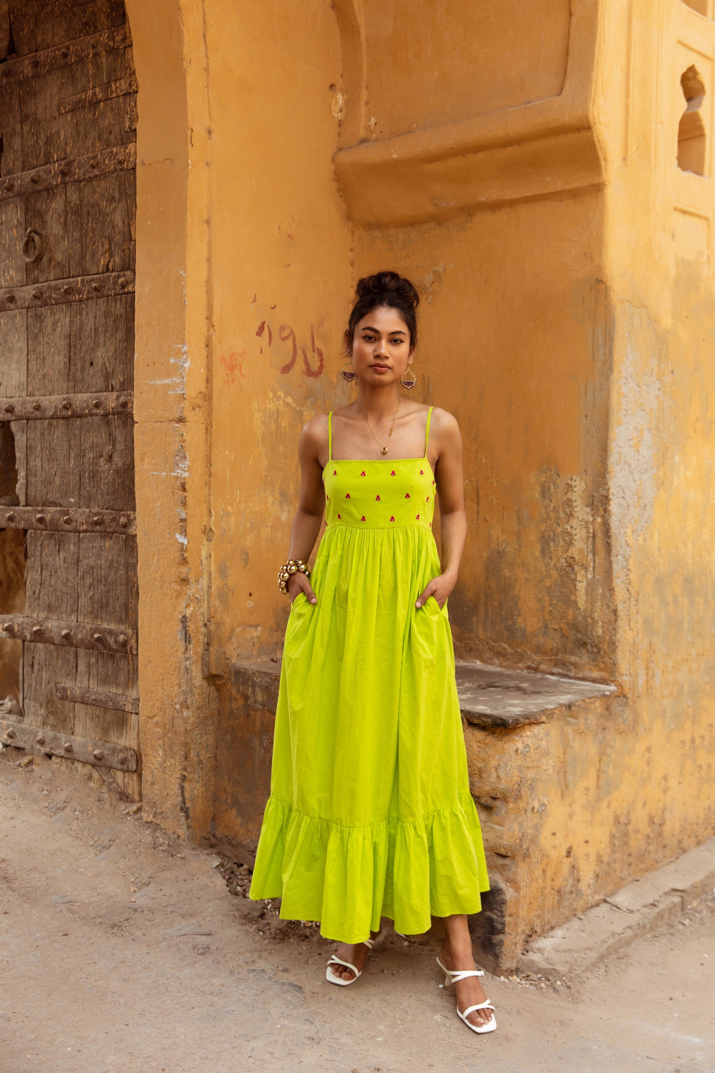 Green Solid Thin Strap Dress