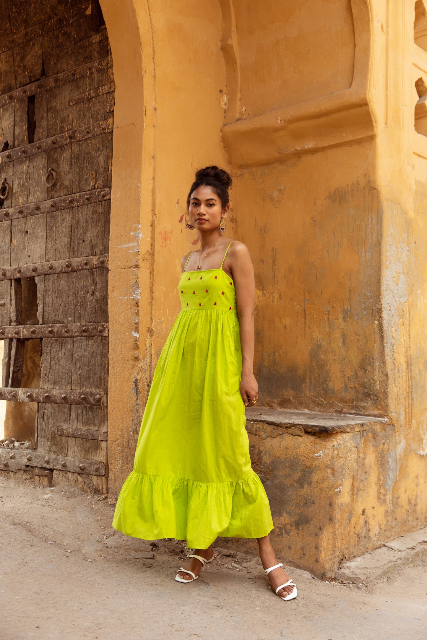Green Solid Thin Strap Dress
