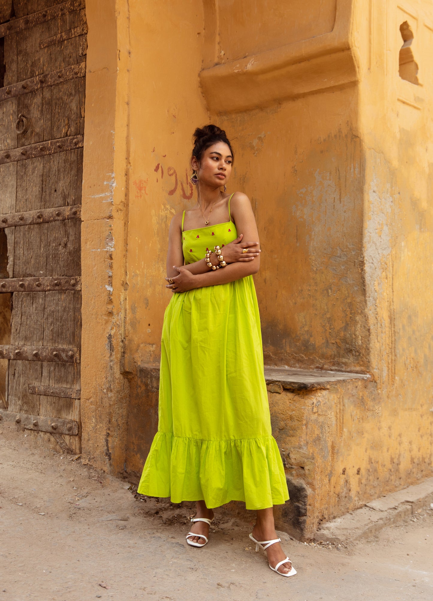 Green Solid Thin Strap Dress