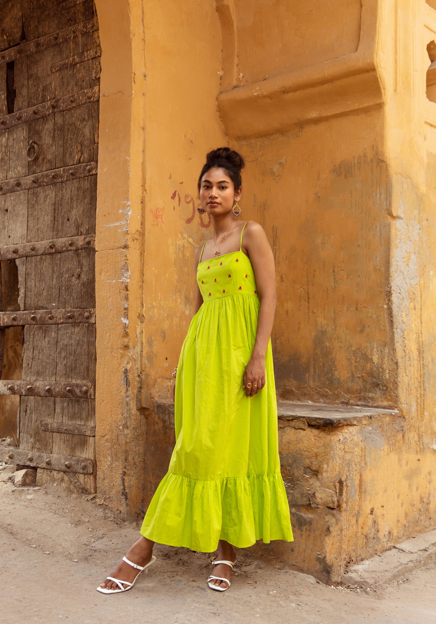 Green Solid Thin Strap Dress