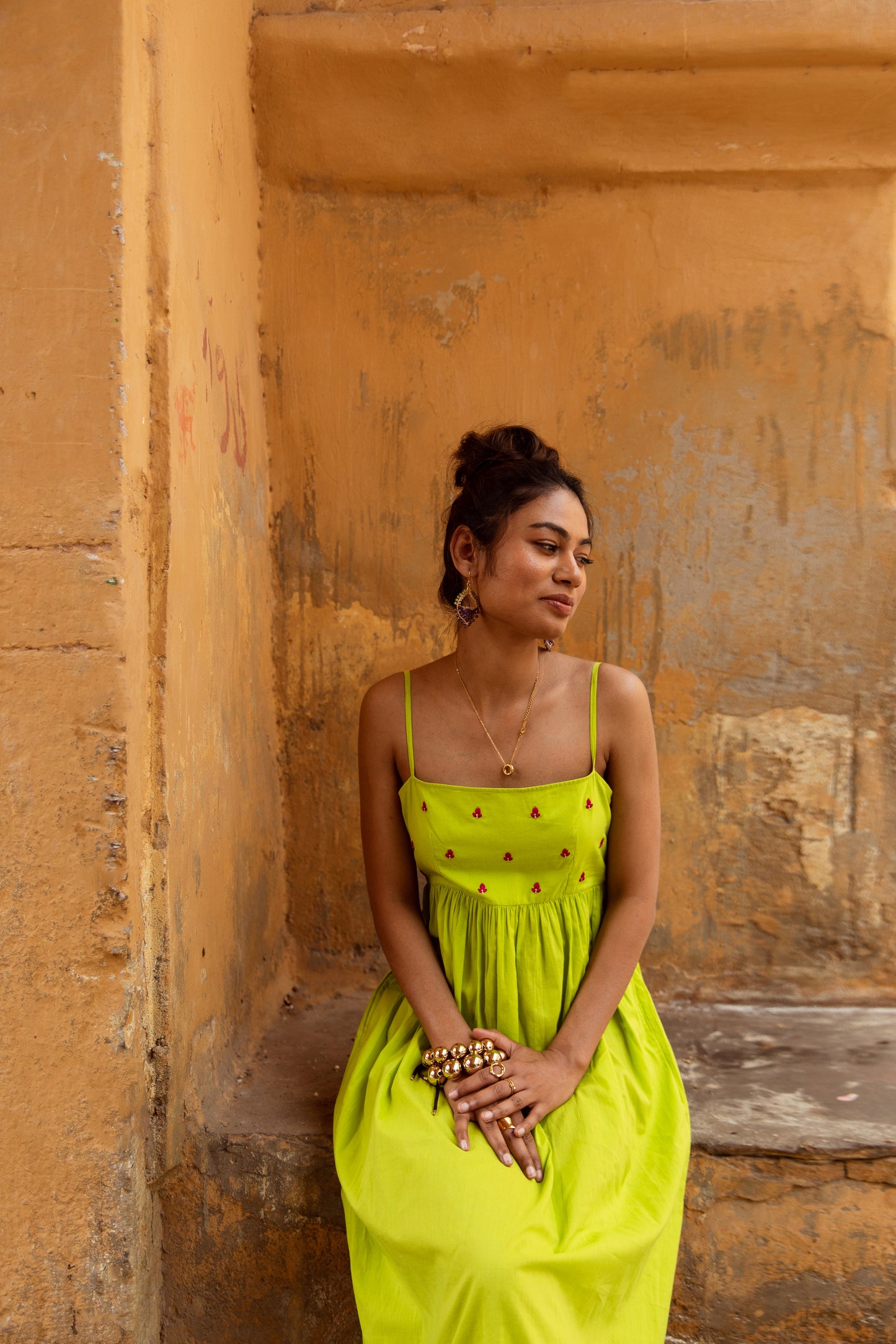 Green Solid Thin Strap Dress