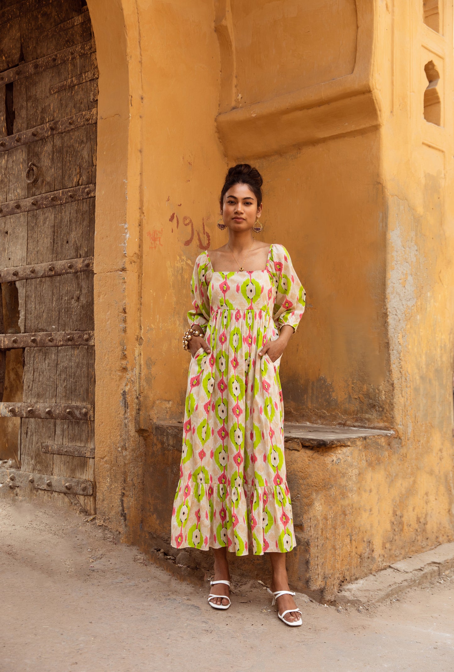 Cream Printed Sleeved Dress