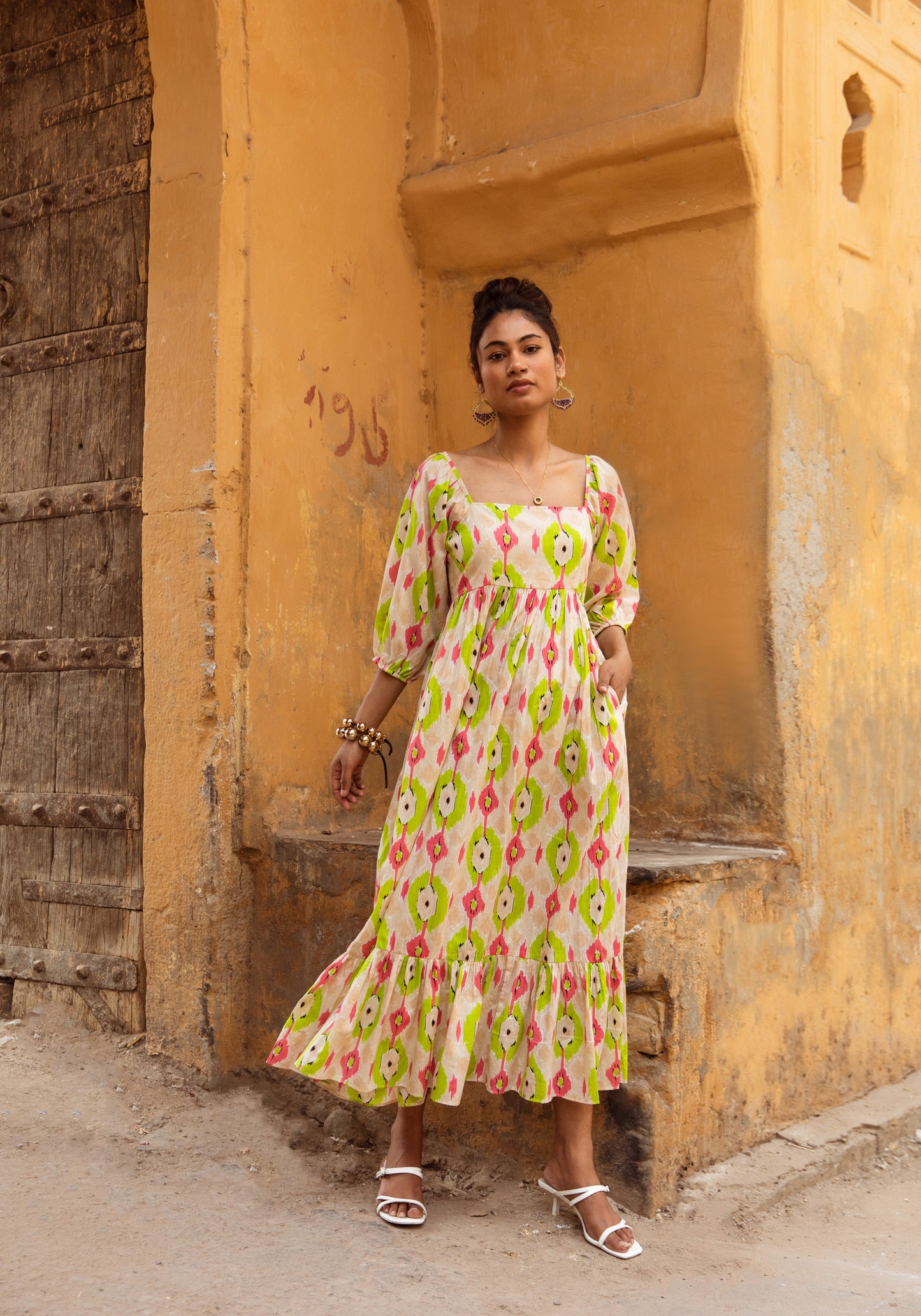 Cream Printed Sleeved Dress