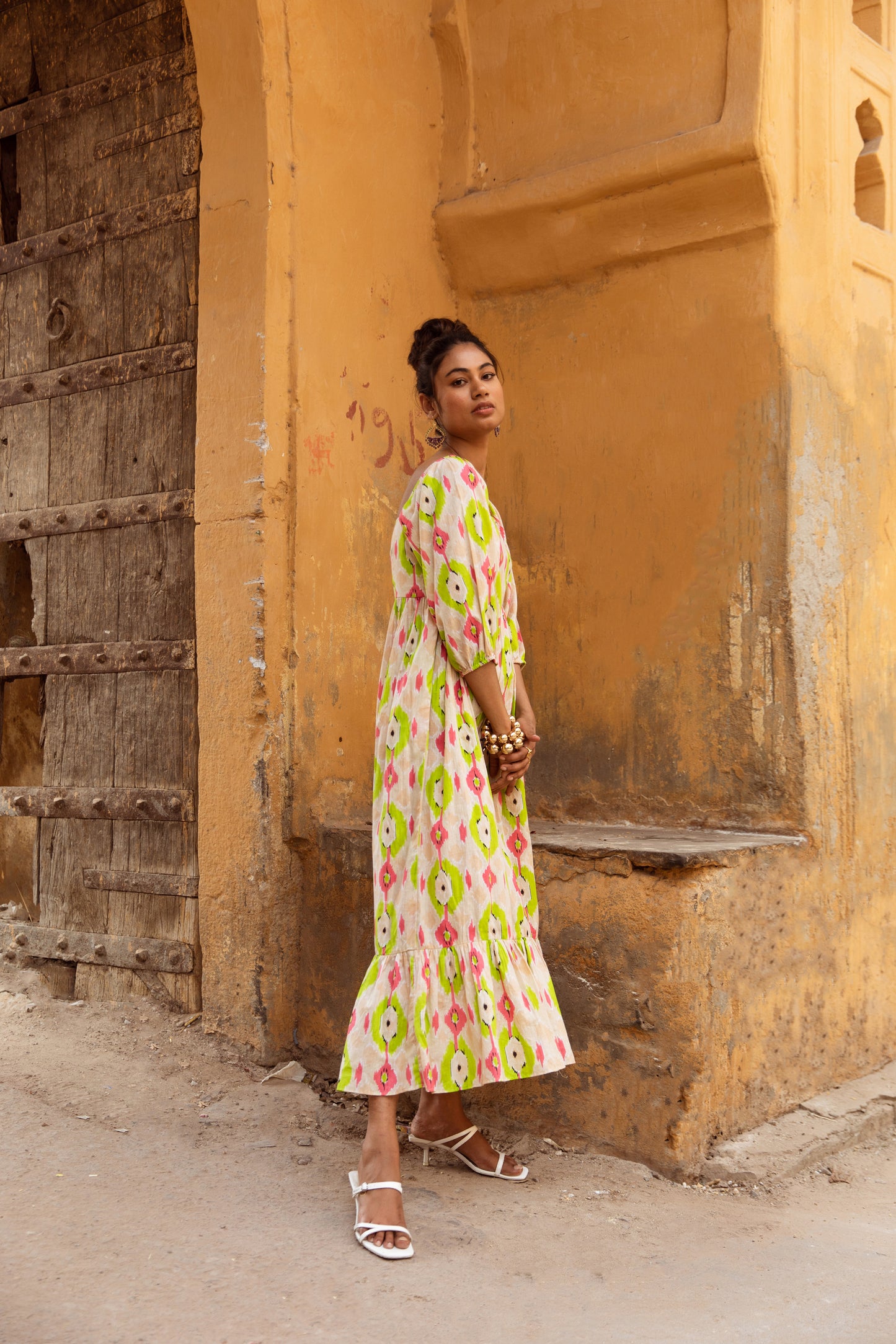 Cream Printed Sleeved Dress