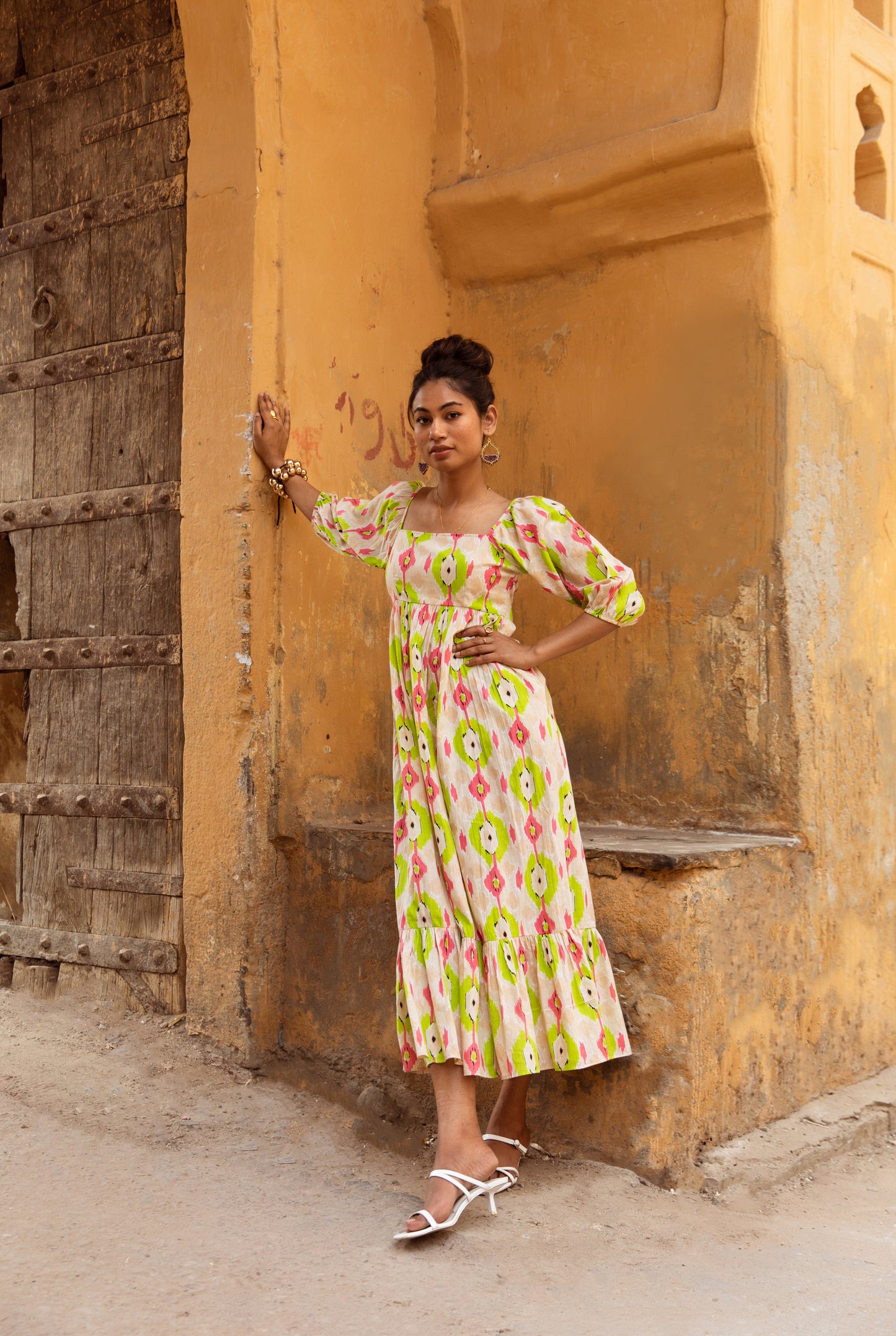 Cream Printed Sleeved Dress