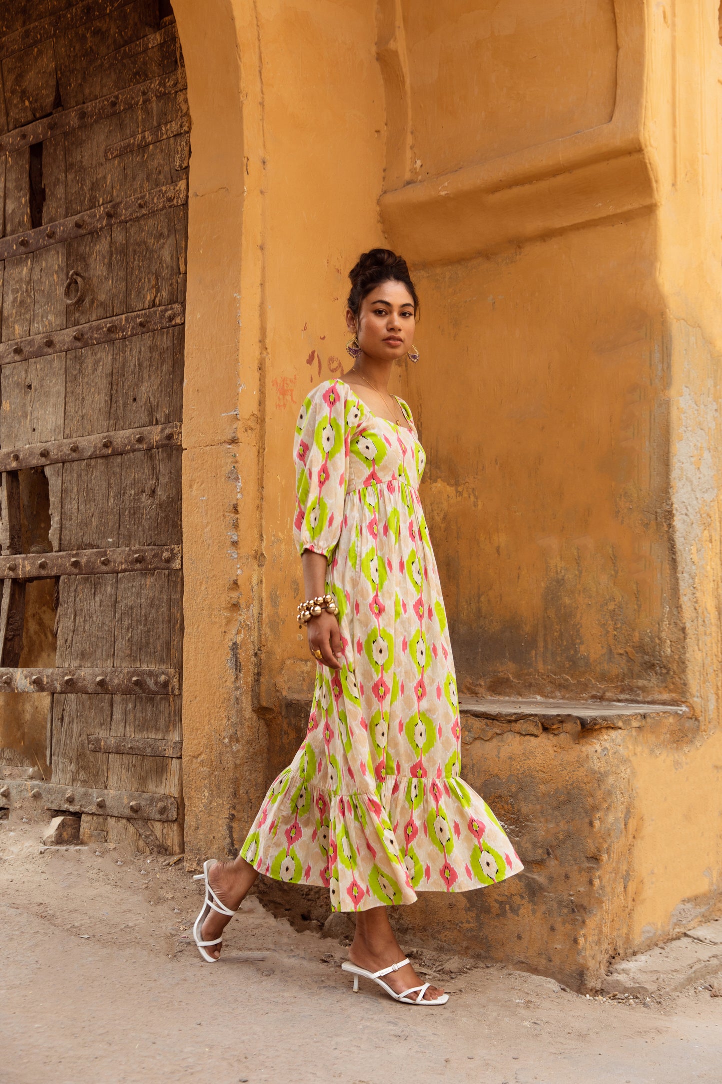 Cream Printed Sleeved Dress