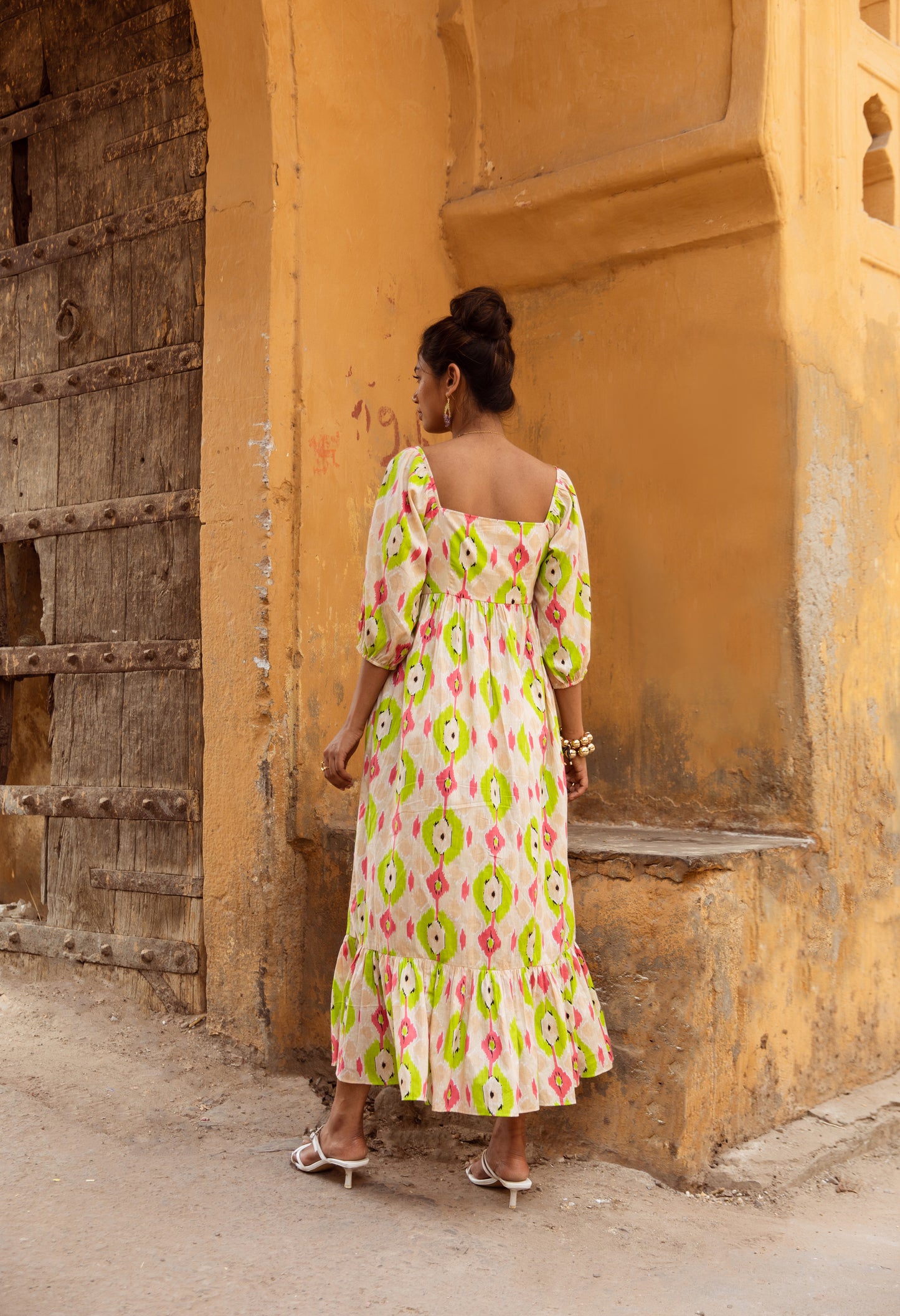 Cream Printed Sleeved Dress