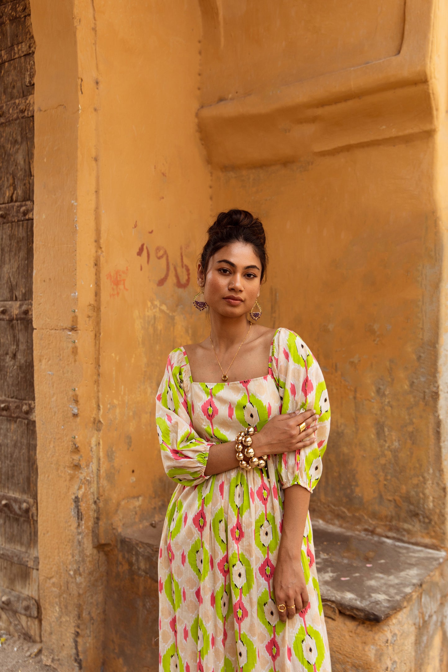 Cream Printed Sleeved Dress