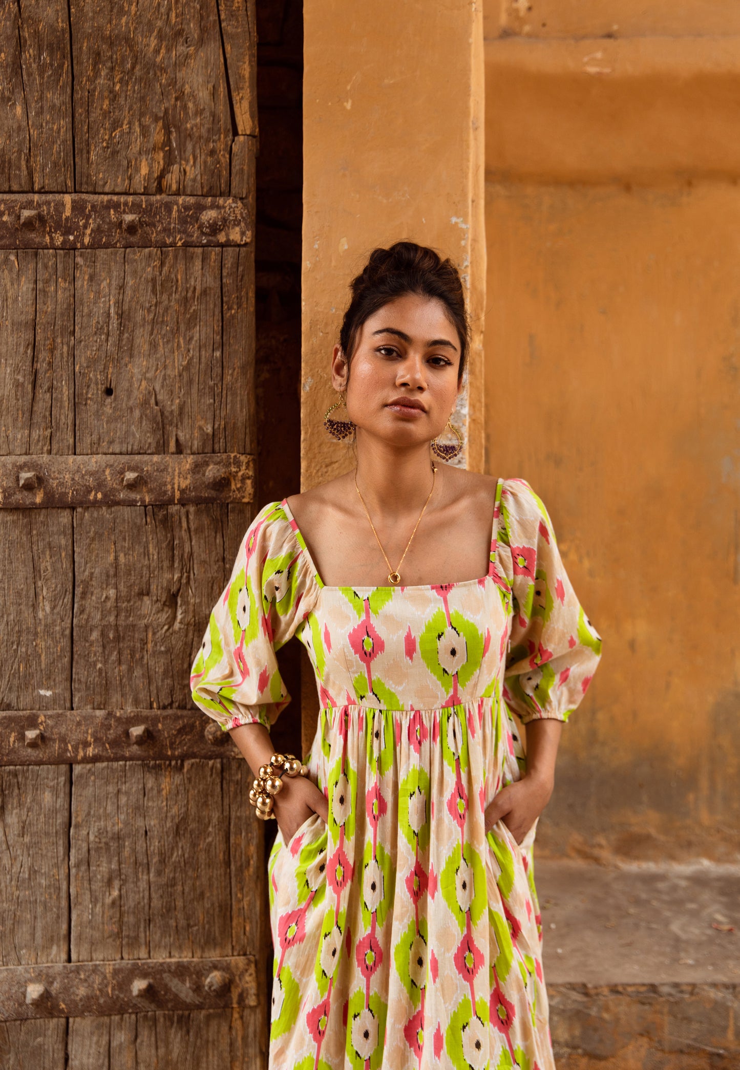 Cream Printed Sleeved Dress