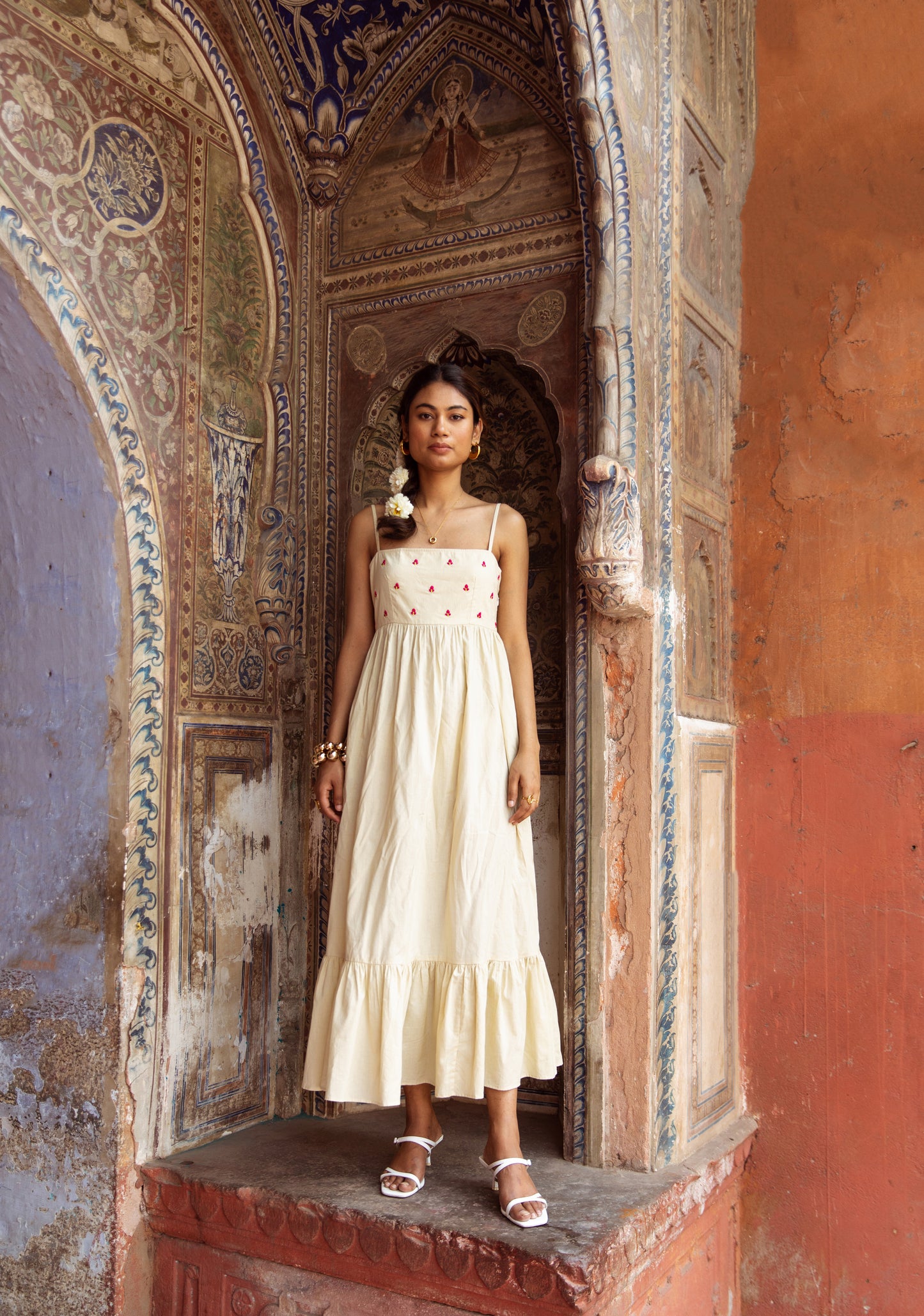 Cream Solid Thin Strap Dress