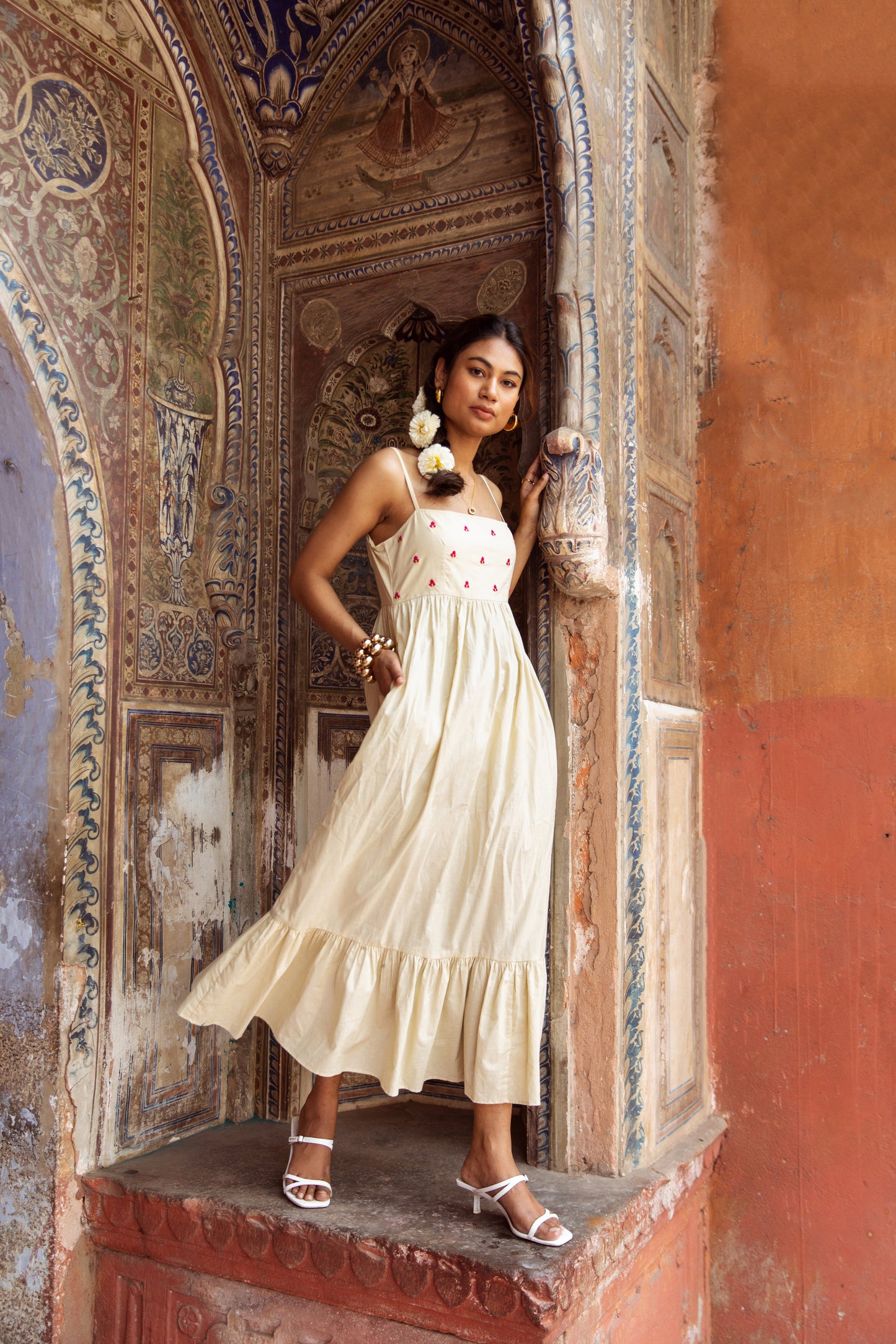 Cream Solid Thin Strap Dress