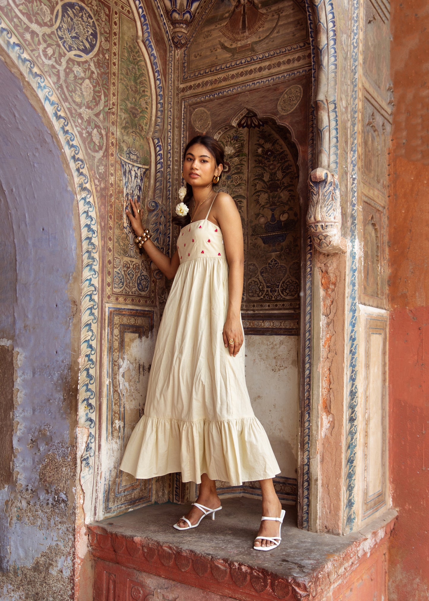 Cream Solid Thin Strap Dress