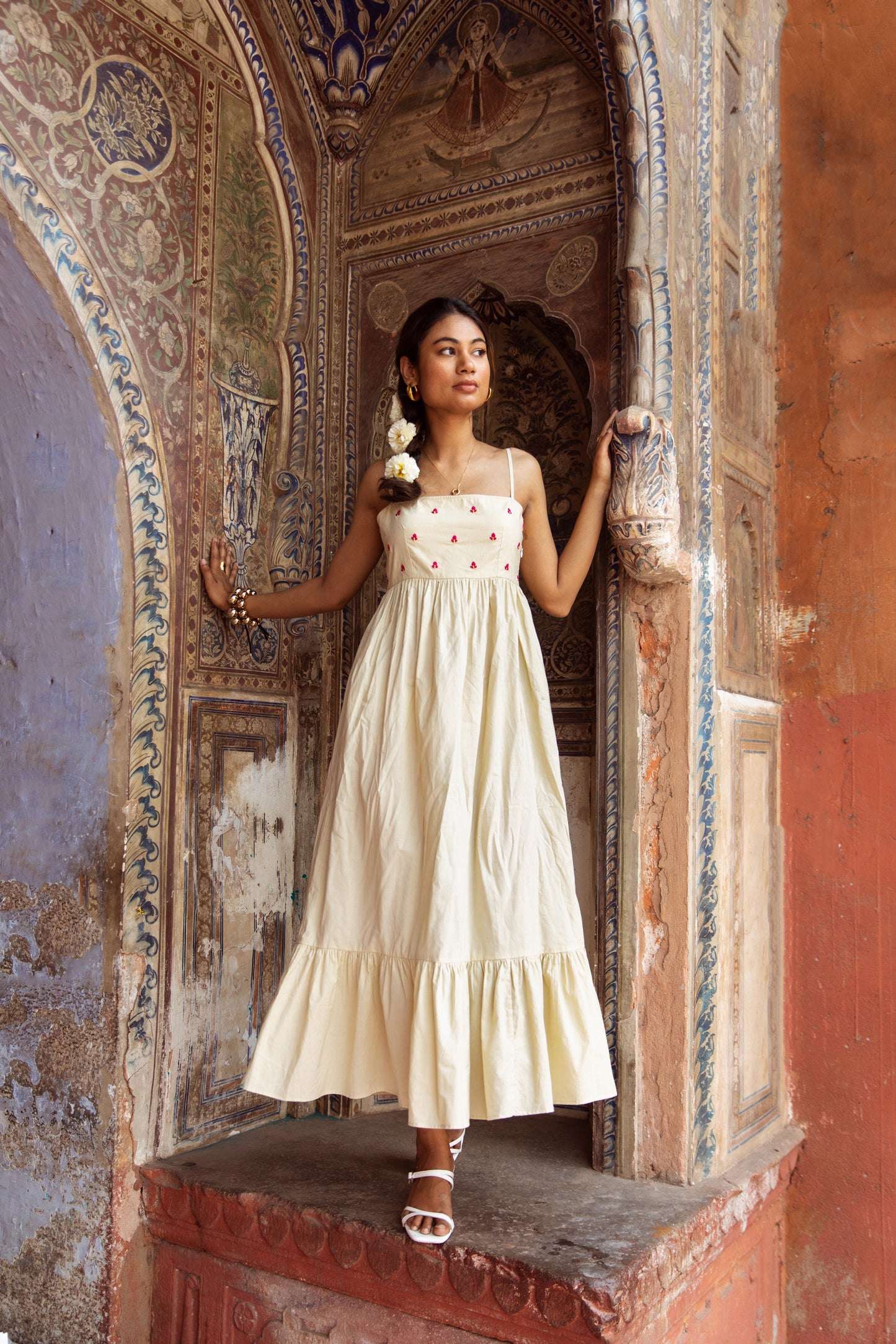 Cream Solid Thin Strap Dress