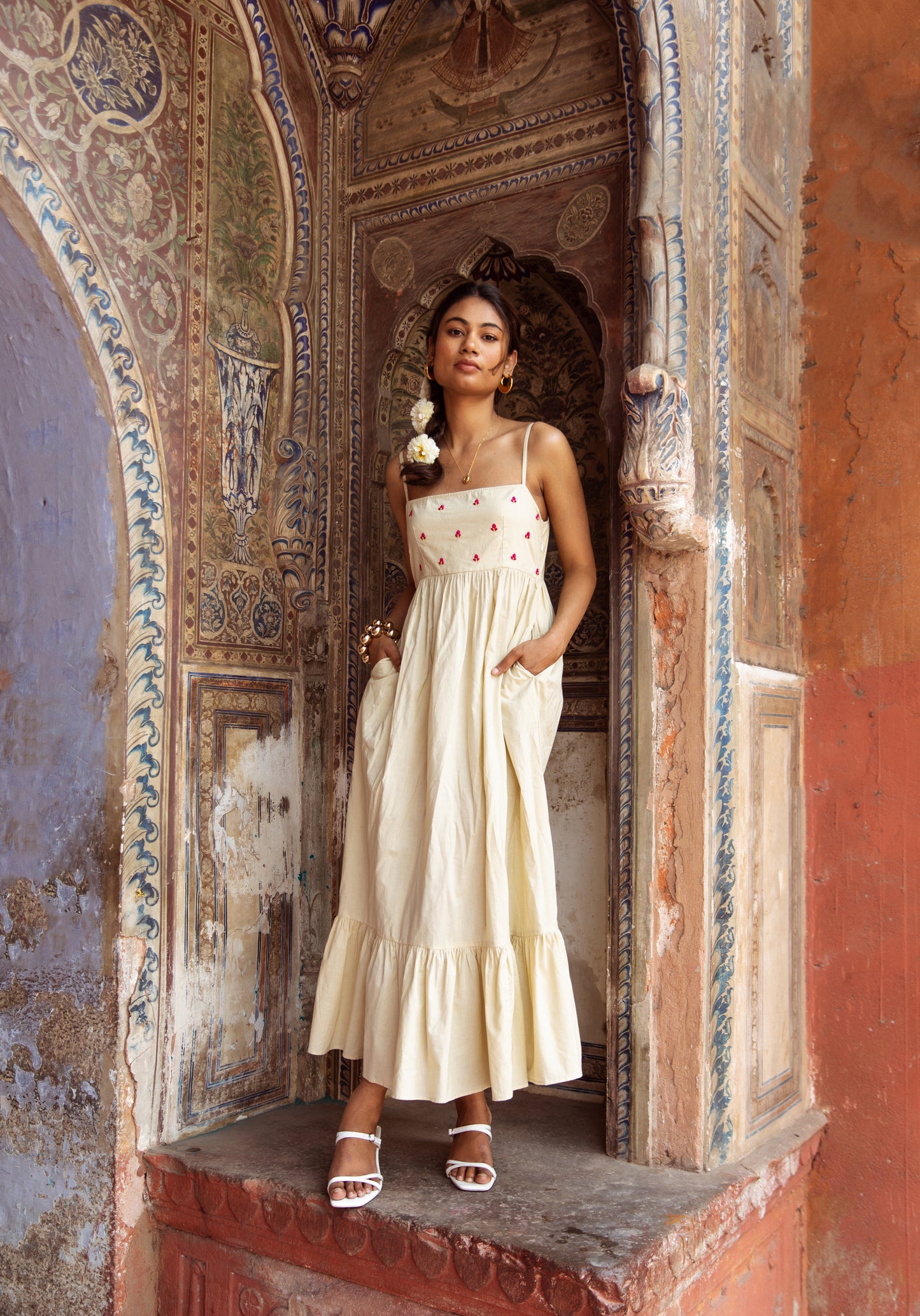 Cream Solid Thin Strap Dress