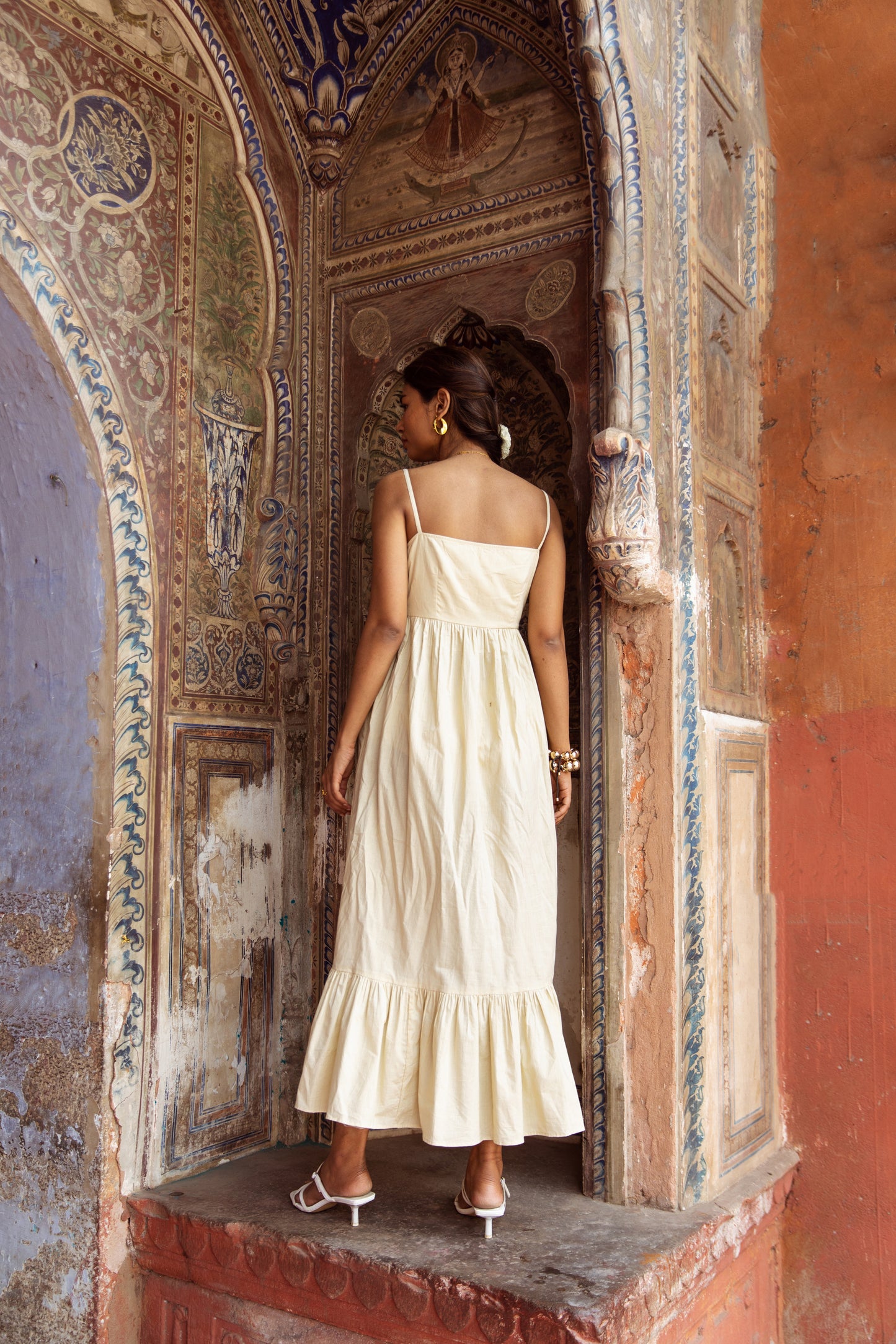 Cream Solid Thin Strap Dress