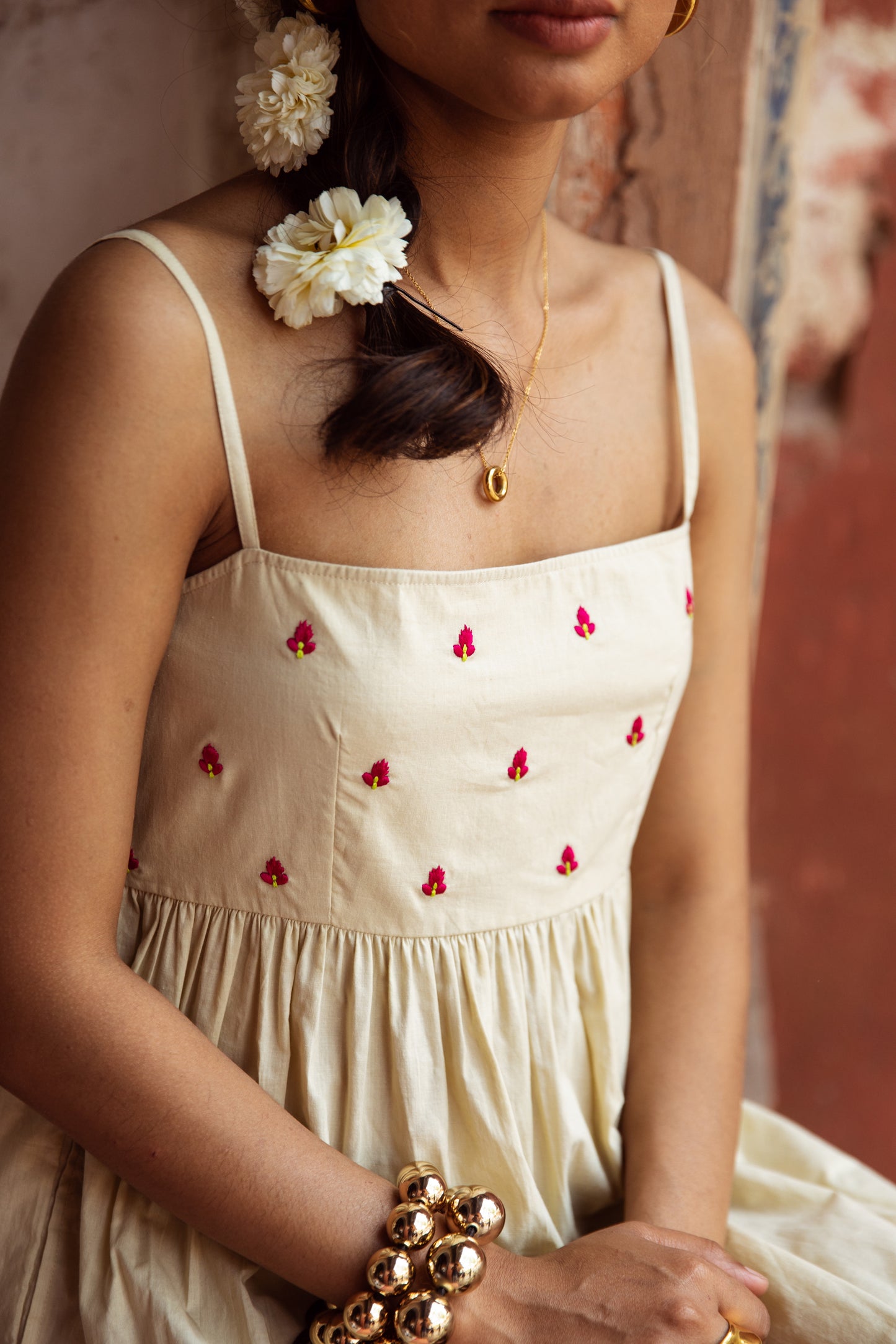 Cream Solid Thin Strap Dress