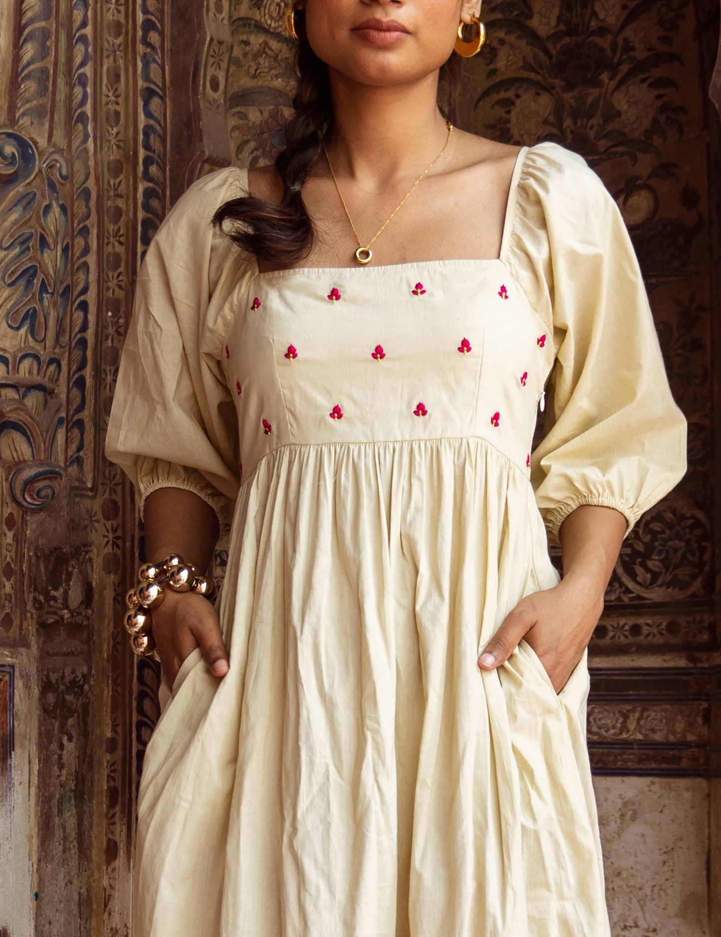 Cream Solid Sleeved Dress
