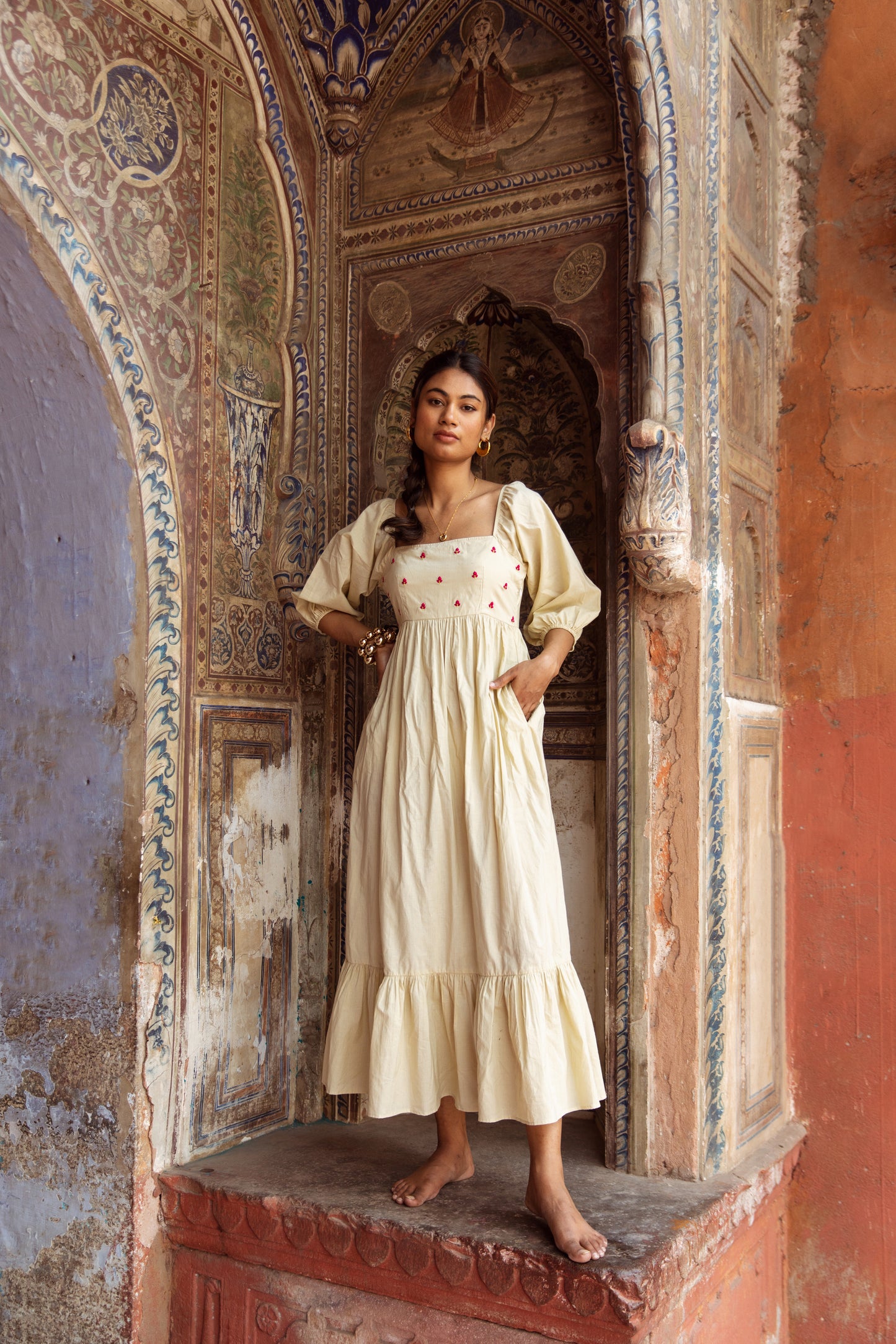 Cream Solid Sleeved Dress