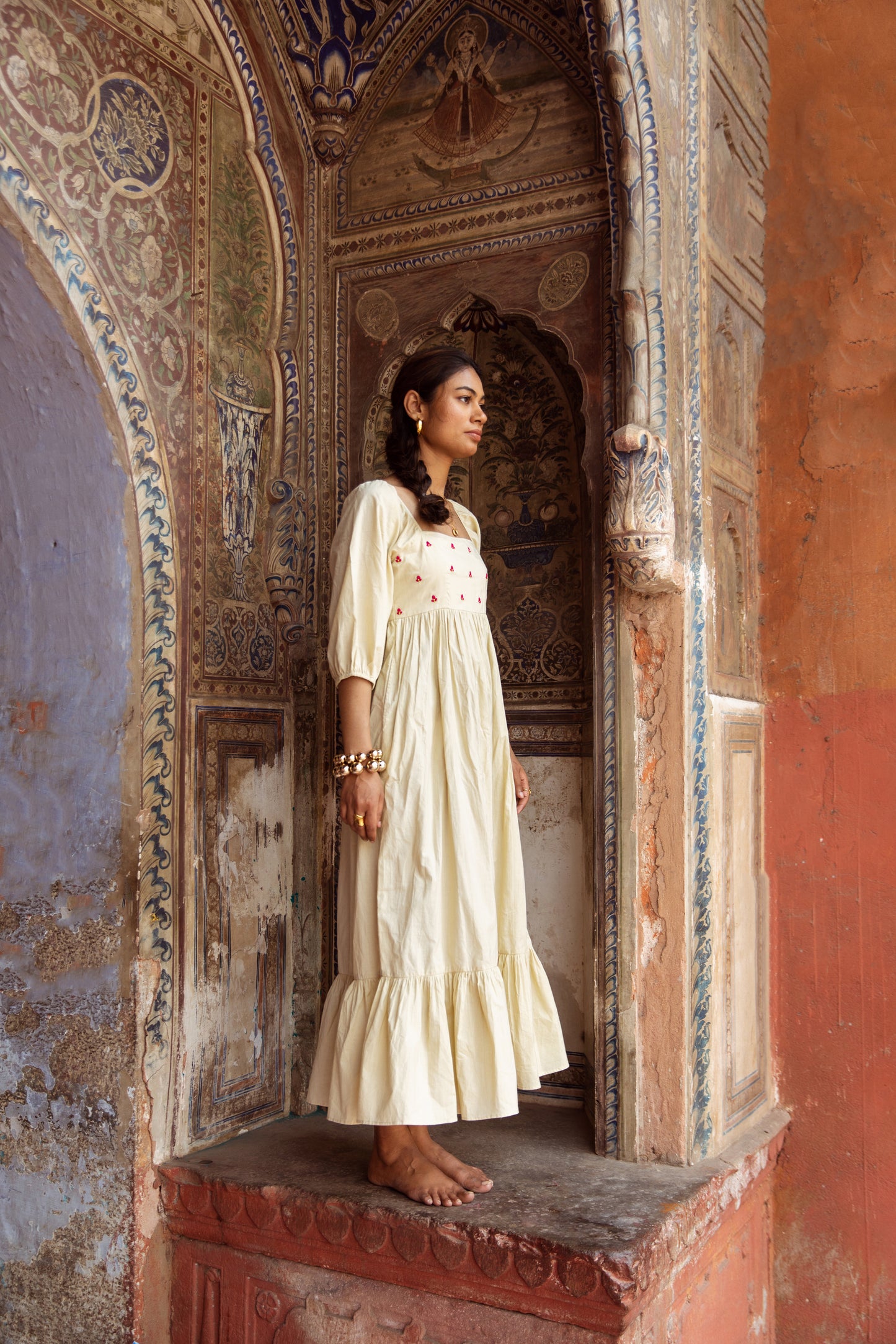 Cream Solid Sleeved Dress
