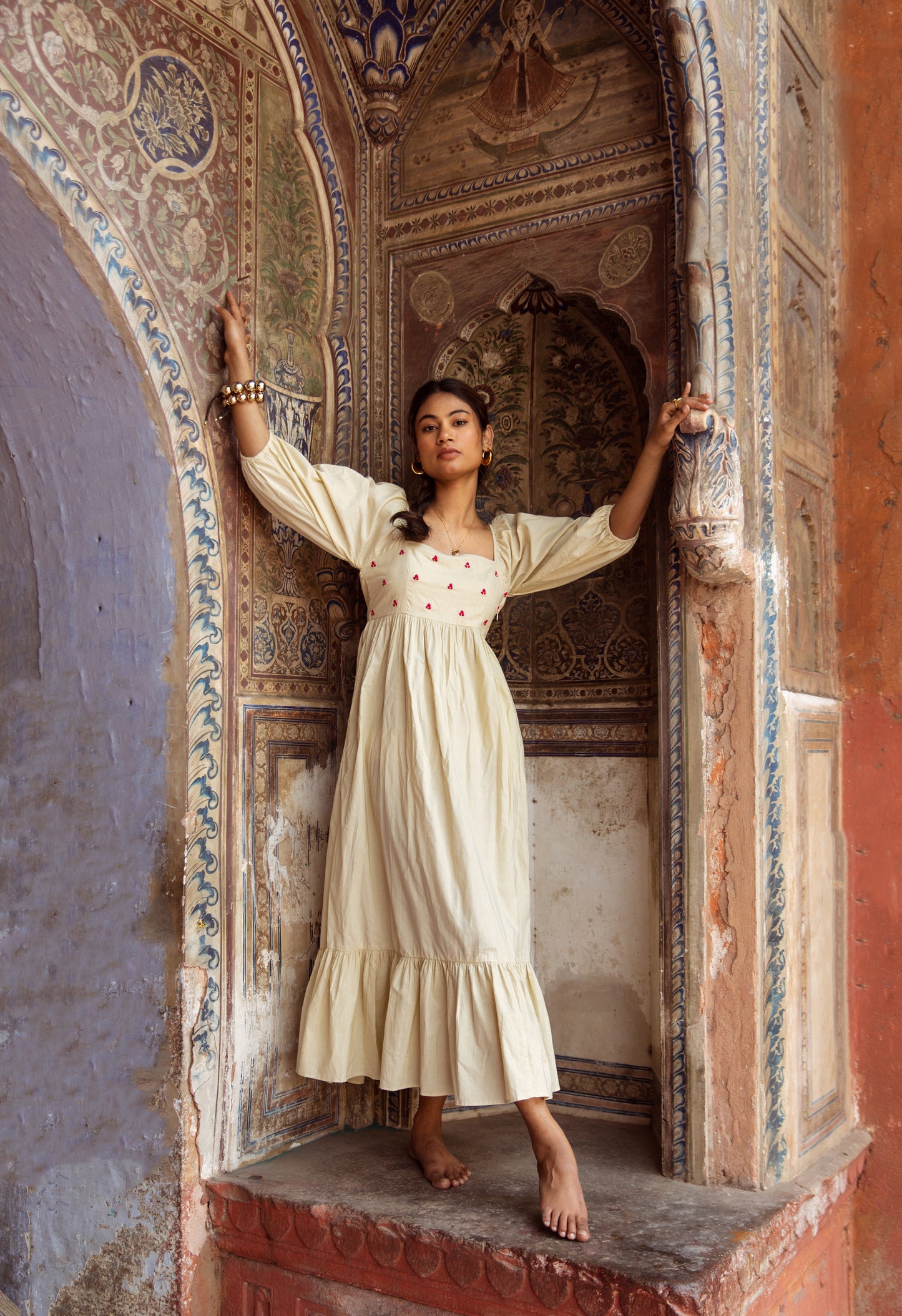 Cream Solid Sleeved Dress