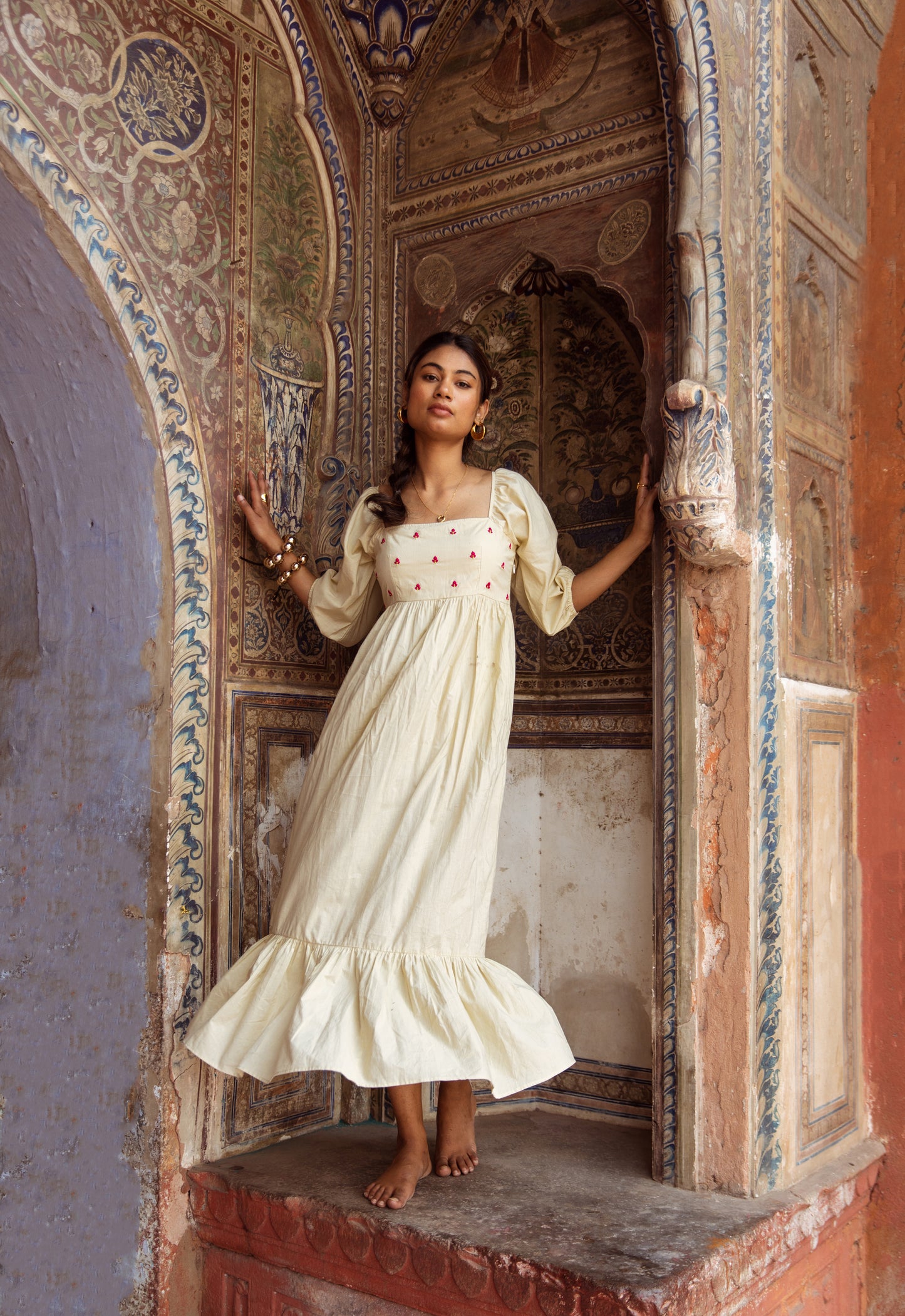 Cream Solid Sleeved Dress