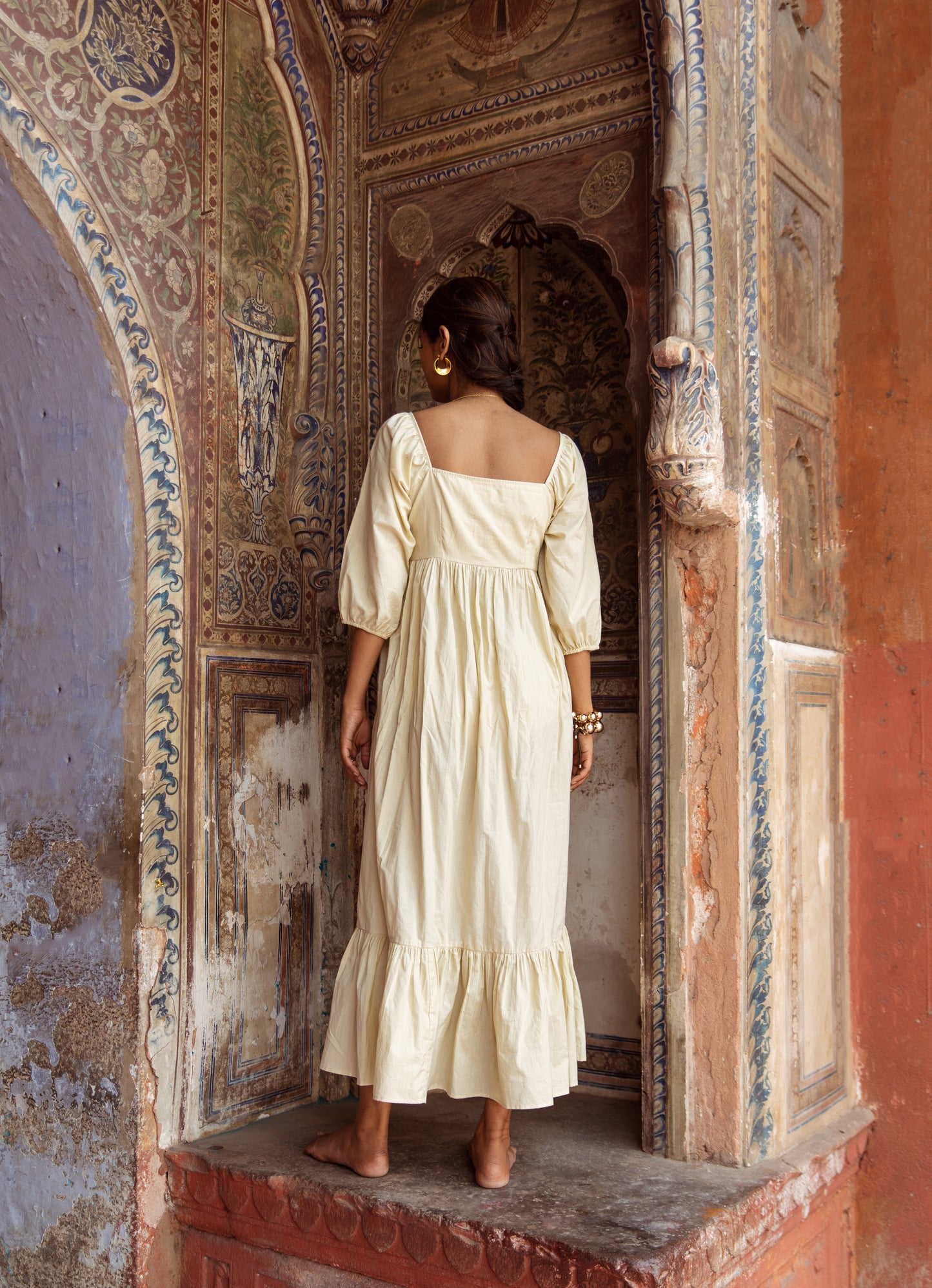 Cream Solid Sleeved Dress