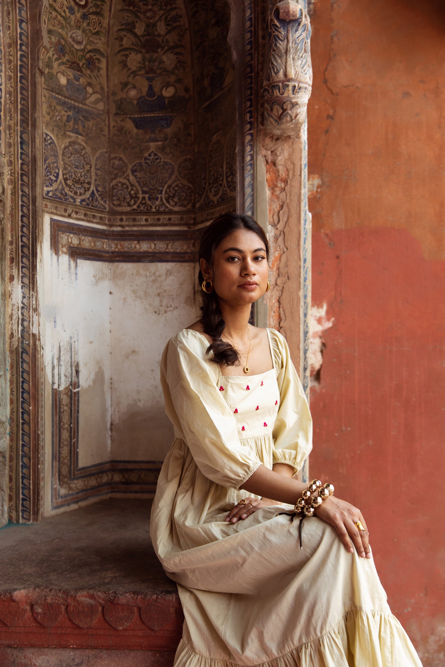 Cream Solid Sleeved Dress